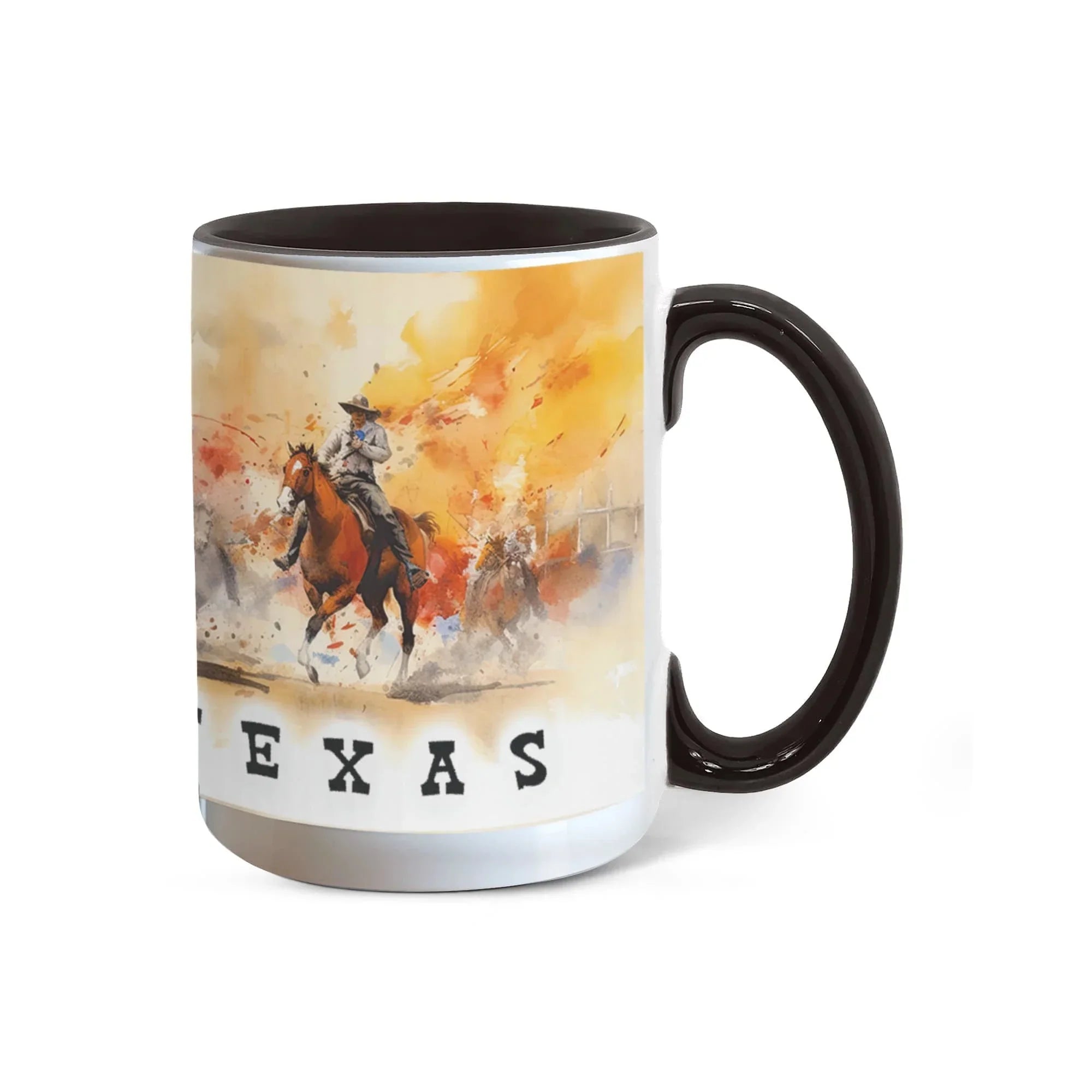 Texas Rodeo Cowboy Two-Tone Accent Mug – 11oz & 15oz – Western Cutting Horses Coffee Cup with Colored Interior & Handle