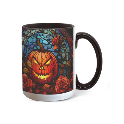 Stained Glass Pumpkin Halloween Ceramic Two Toned Accent Color Mug – Vibrant Jack-O'-Lantern Coffee Cup - Mallard Moon