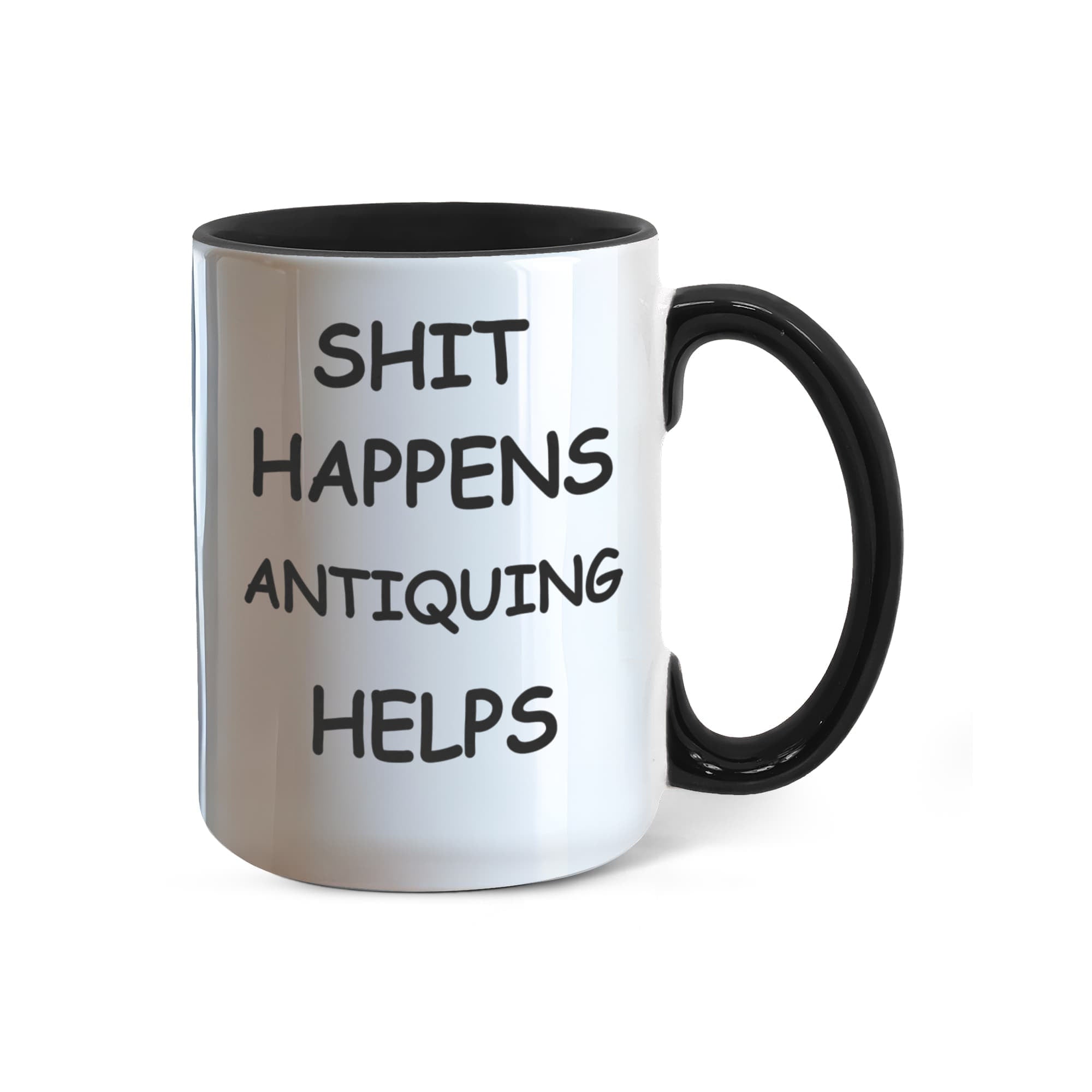 Shit Happens Antiquing Helps Funny Two-Tone Coffee Mug – Gift for Antique Lovers, Vintage Collectors & Flea Market Fans – Colored Accent Mug