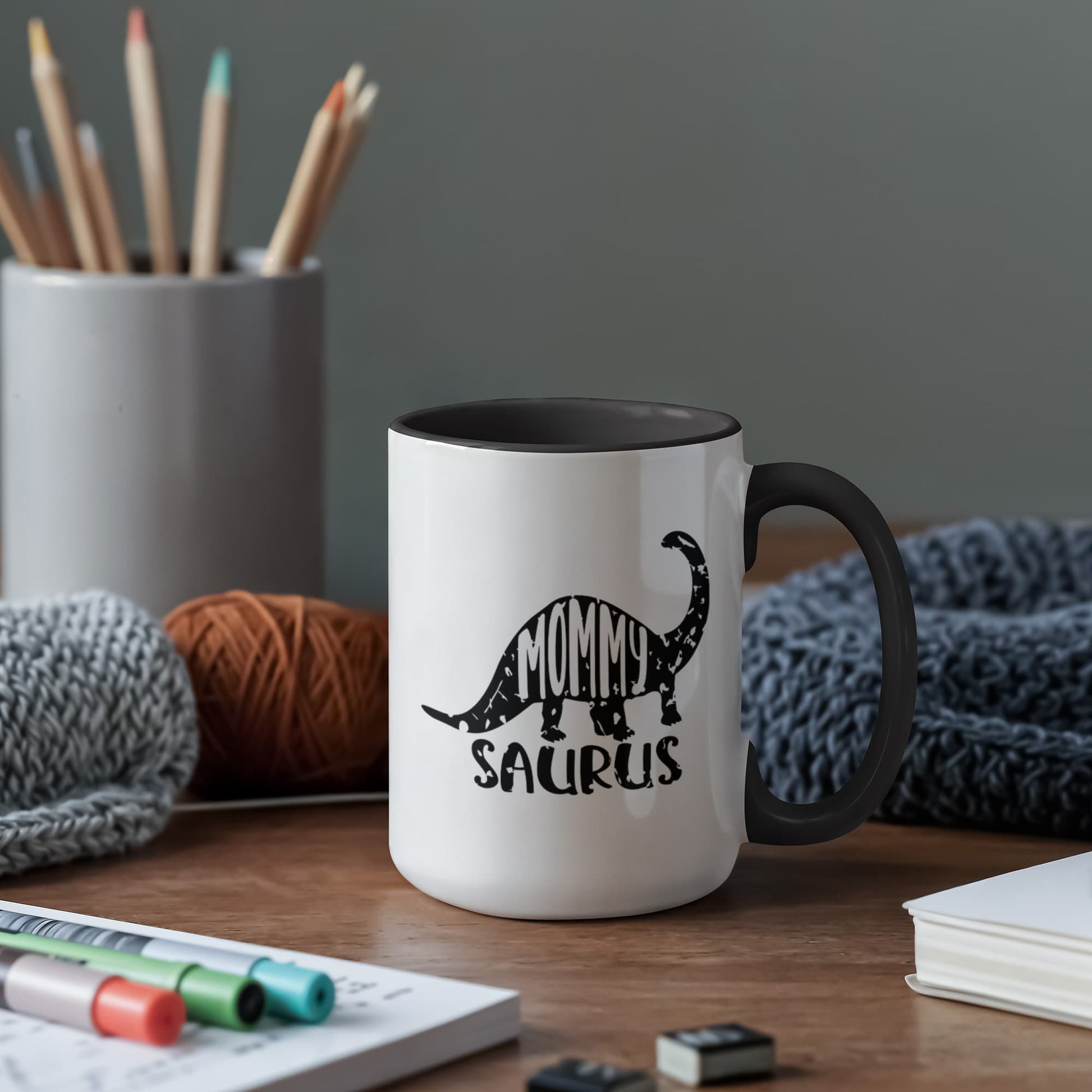 Mommy Saurus Dinosaur Mug – Funny Gift for Moms – Two Tone Color Accent Ceramic Coffee Mugs - Mallard Moon Gift Shop