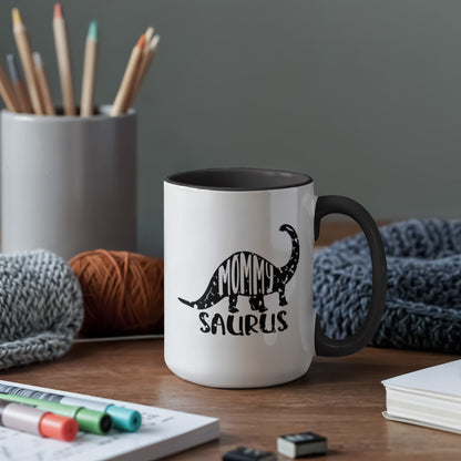Mommy Saurus Dinosaur Mug – Funny Gift for Moms – Two Tone Color Accent Ceramic Coffee Mugs - Mallard Moon Gift Shop