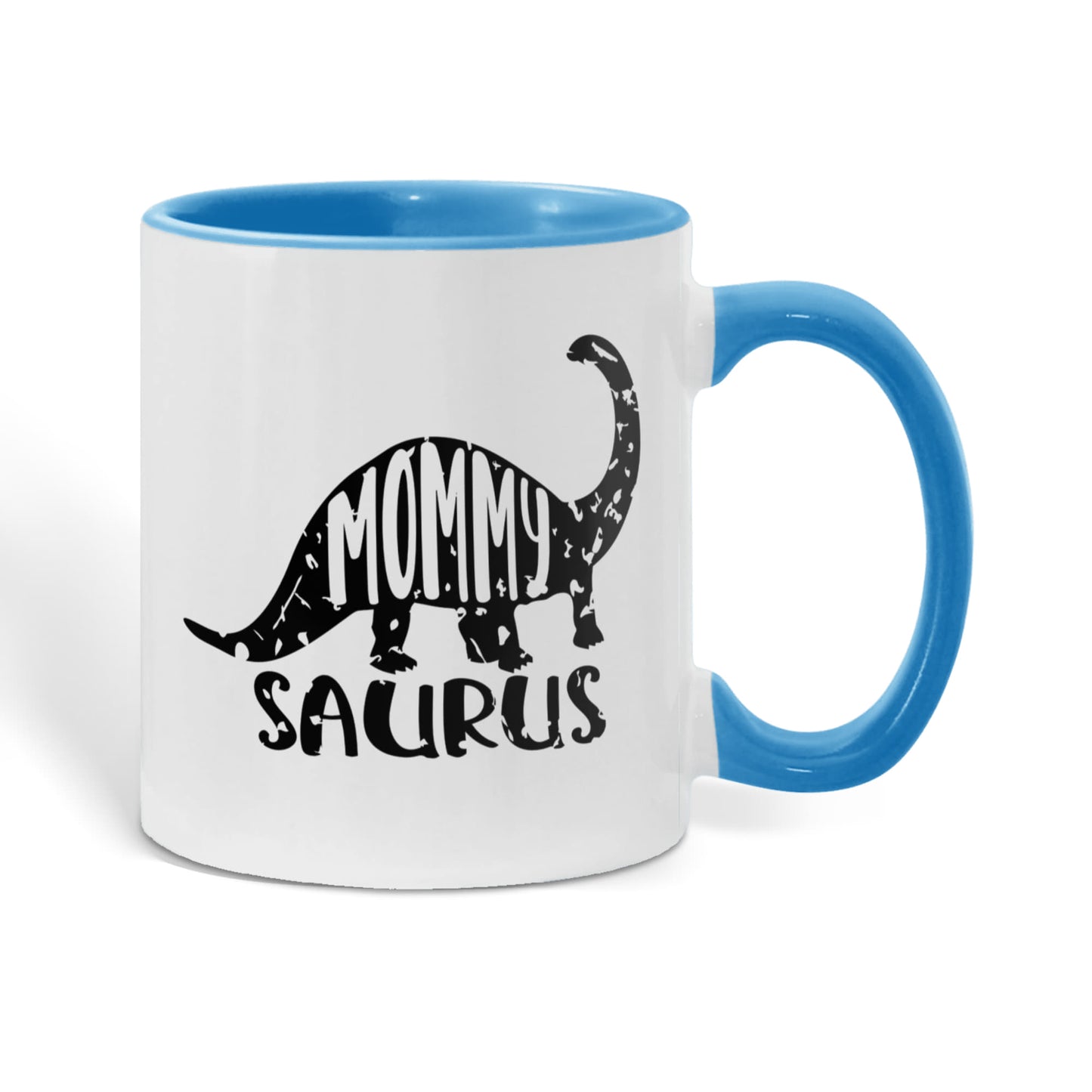 Mommy Saurus Dinosaur Mug – Funny Gift for Moms – Two Tone Color Accent Ceramic Coffee Mugs - Mallard Moon Gift Shop