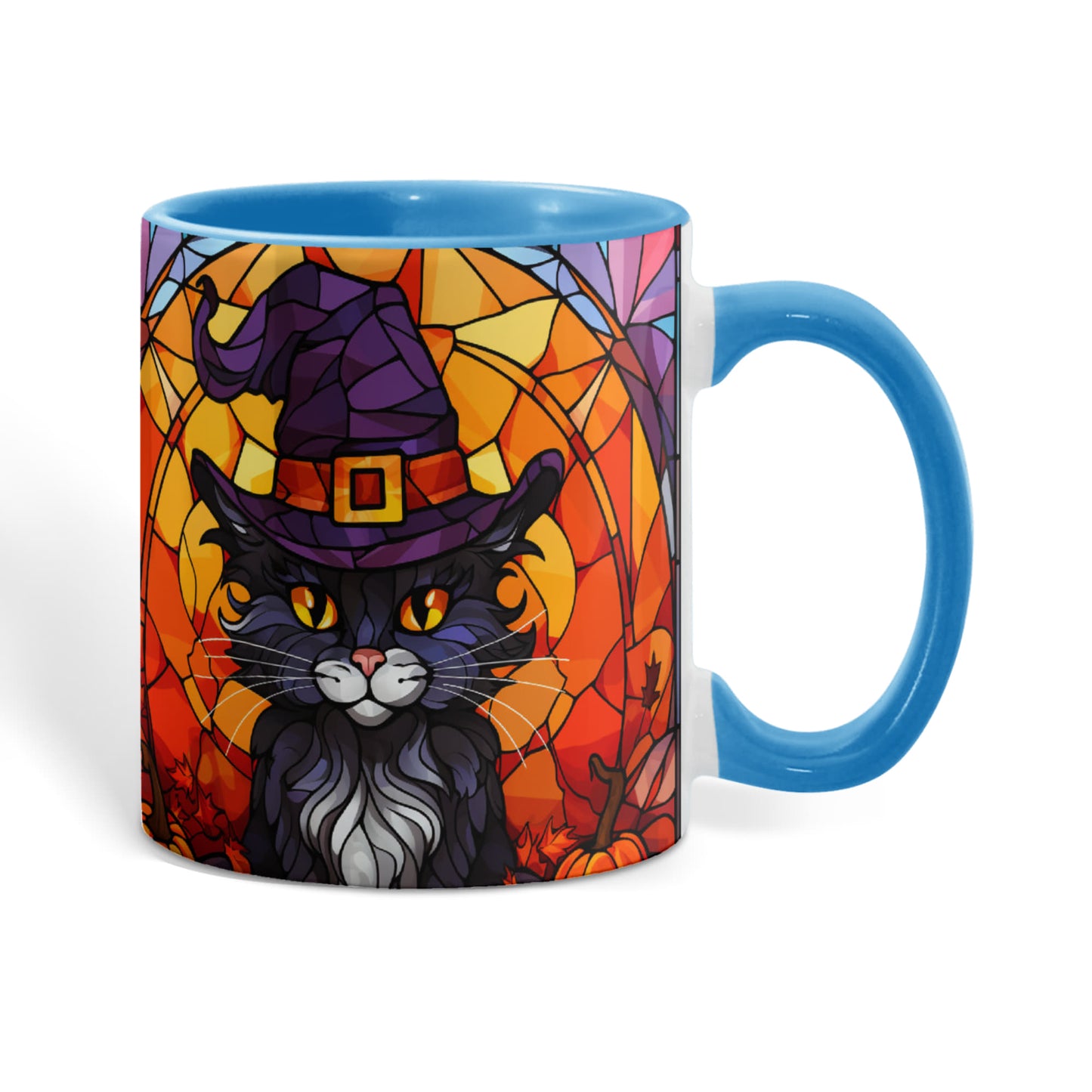 Halloween Black Cat Witch Stained Glass Ceramic Two-tone Mug – Spooky Fall Coffee Cup for Cat Lovers - Mallard Moon