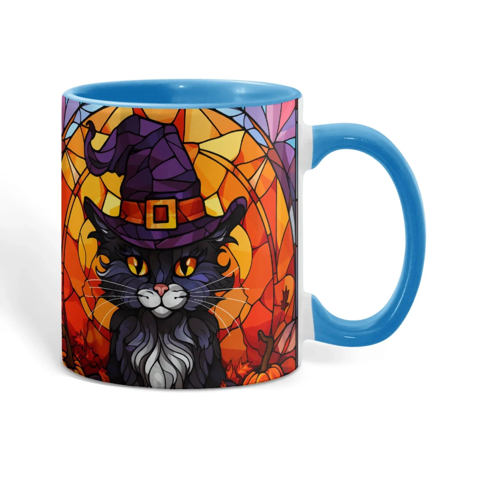 Halloween Black Cat Witch Stained Glass Ceramic Two-tone Mug – Spooky Fall Coffee Cup for Cat Lovers