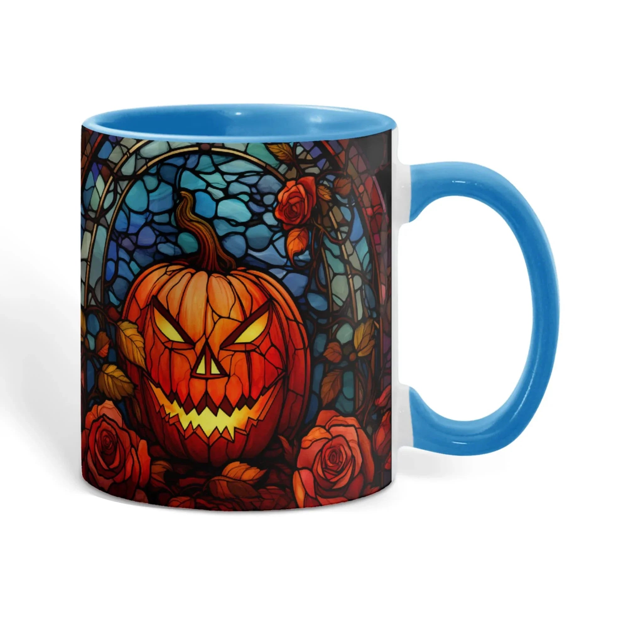 Stained Glass Pumpkin Halloween Ceramic Two Toned Accent Color Mug – Vibrant Jack-O'-Lantern Coffee Cup