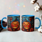 Stained Glass Pumpkin Halloween Ceramic Two Toned Accent Color Mug – Vibrant Jack-O'-Lantern Coffee Cup