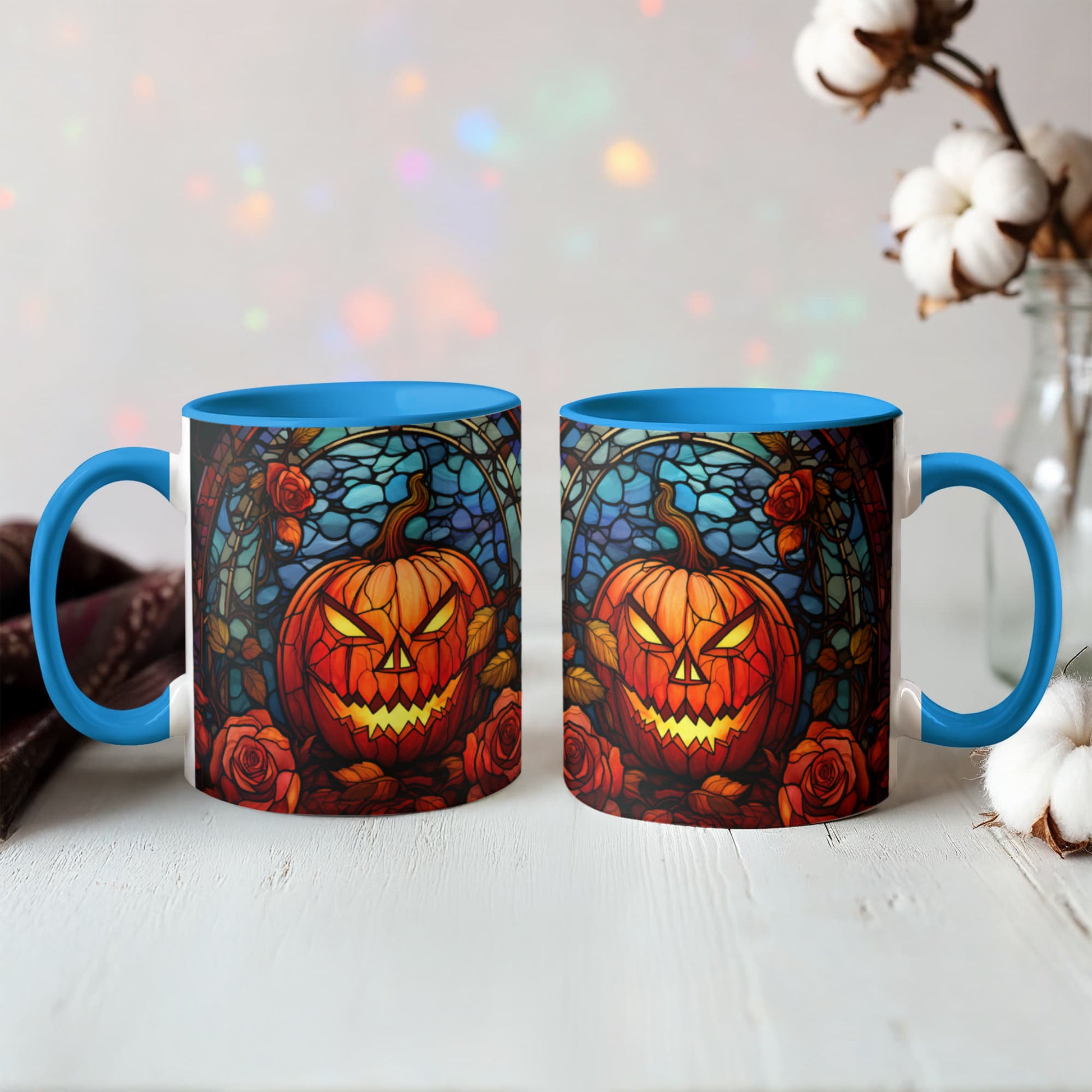 Stained Glass Pumpkin Halloween Ceramic Two Toned Accent Color Mug – Vibrant Jack-O'-Lantern Coffee Cup - Mallard Moon
