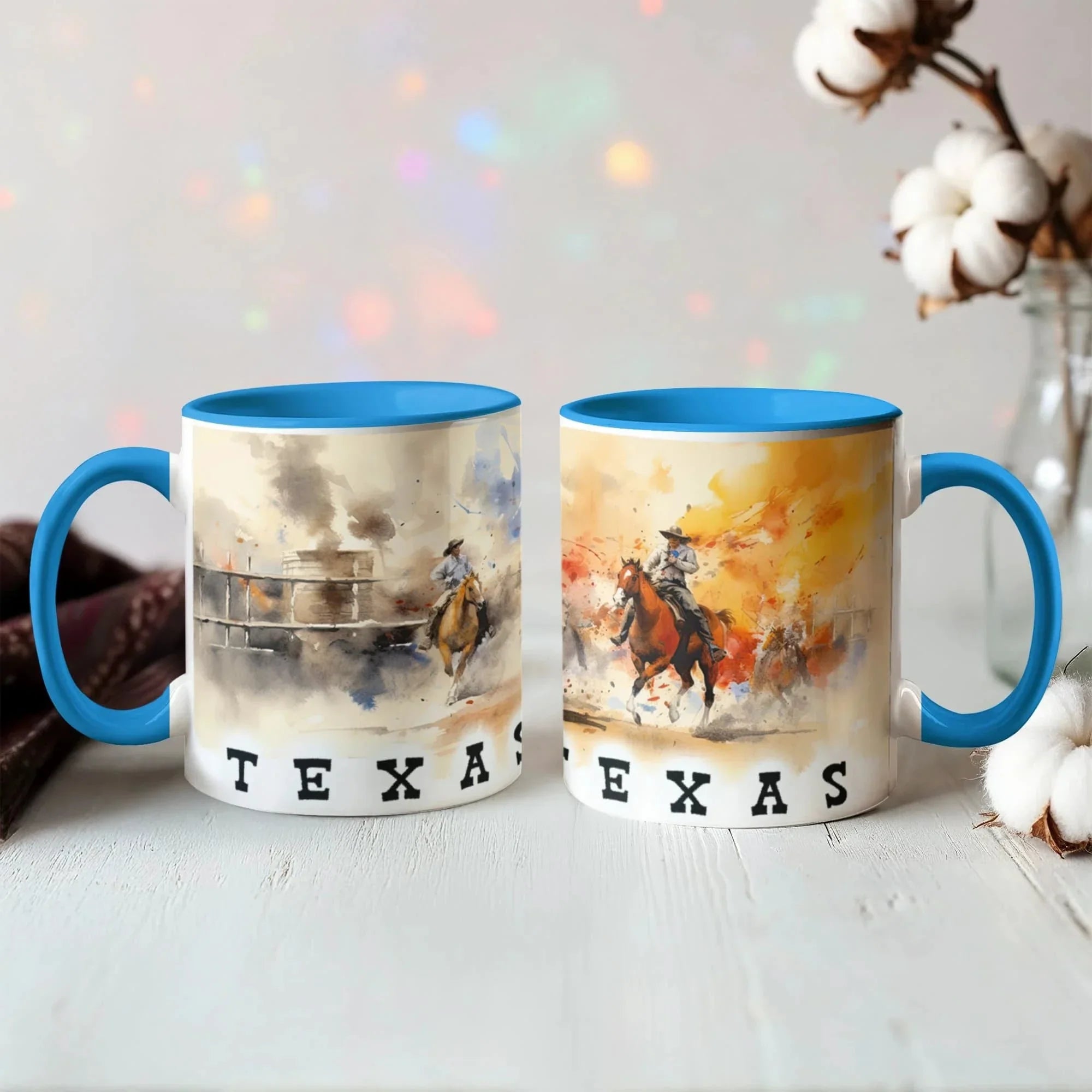 Texas Rodeo Cowboy Two-Tone Accent Mug – 11oz & 15oz – Western Cutting Horses Coffee Cup with Colored Interior & Handle