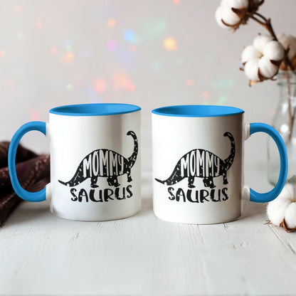 Mommy Saurus Dinosaur Mug – Funny Gift for Moms – Two Tone Color Accent Ceramic Coffee Mugs - Mallard Moon Gift Shop