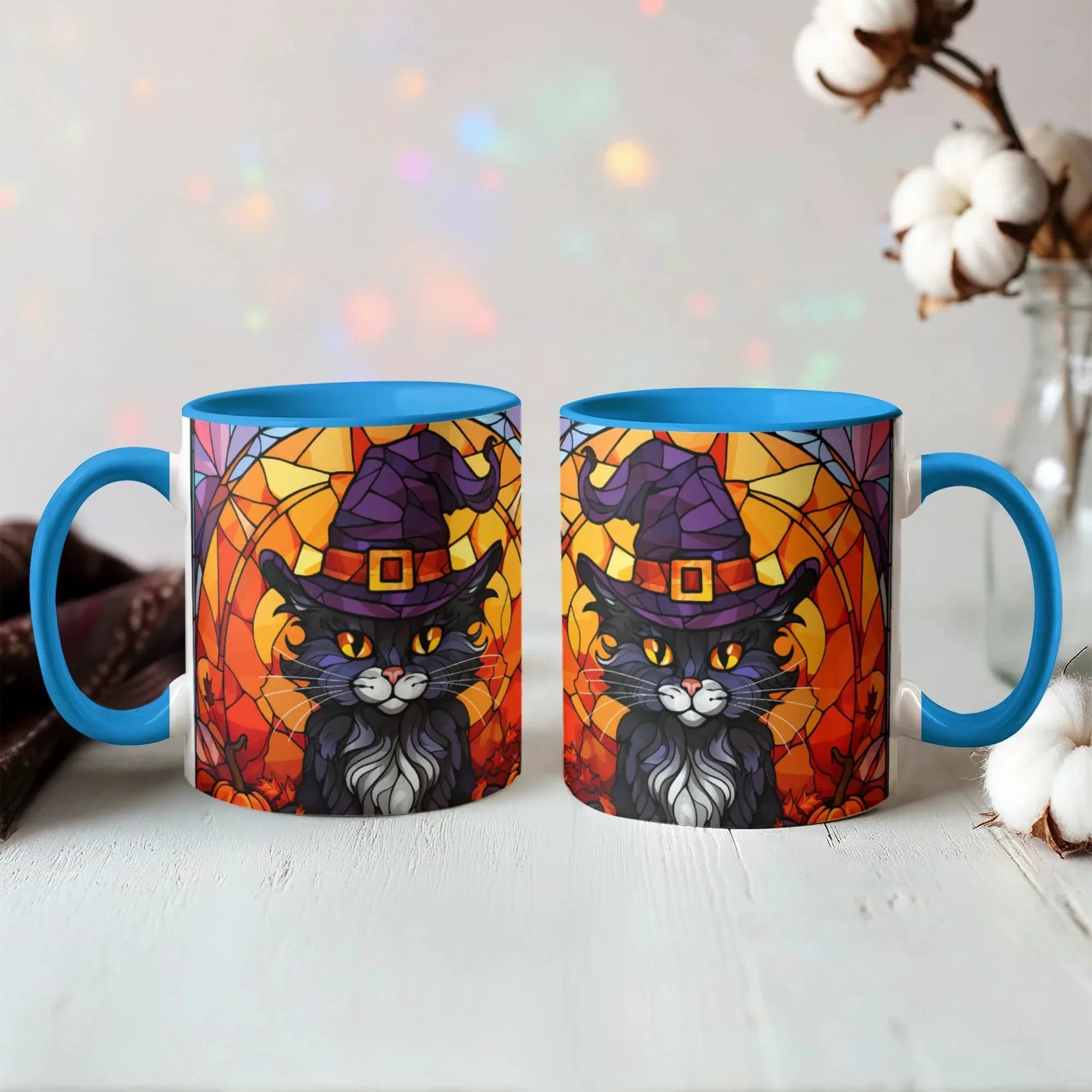 Halloween Black Cat Witch Stained Glass Ceramic Two-tone Mug – Spooky Fall Coffee Cup for Cat Lovers