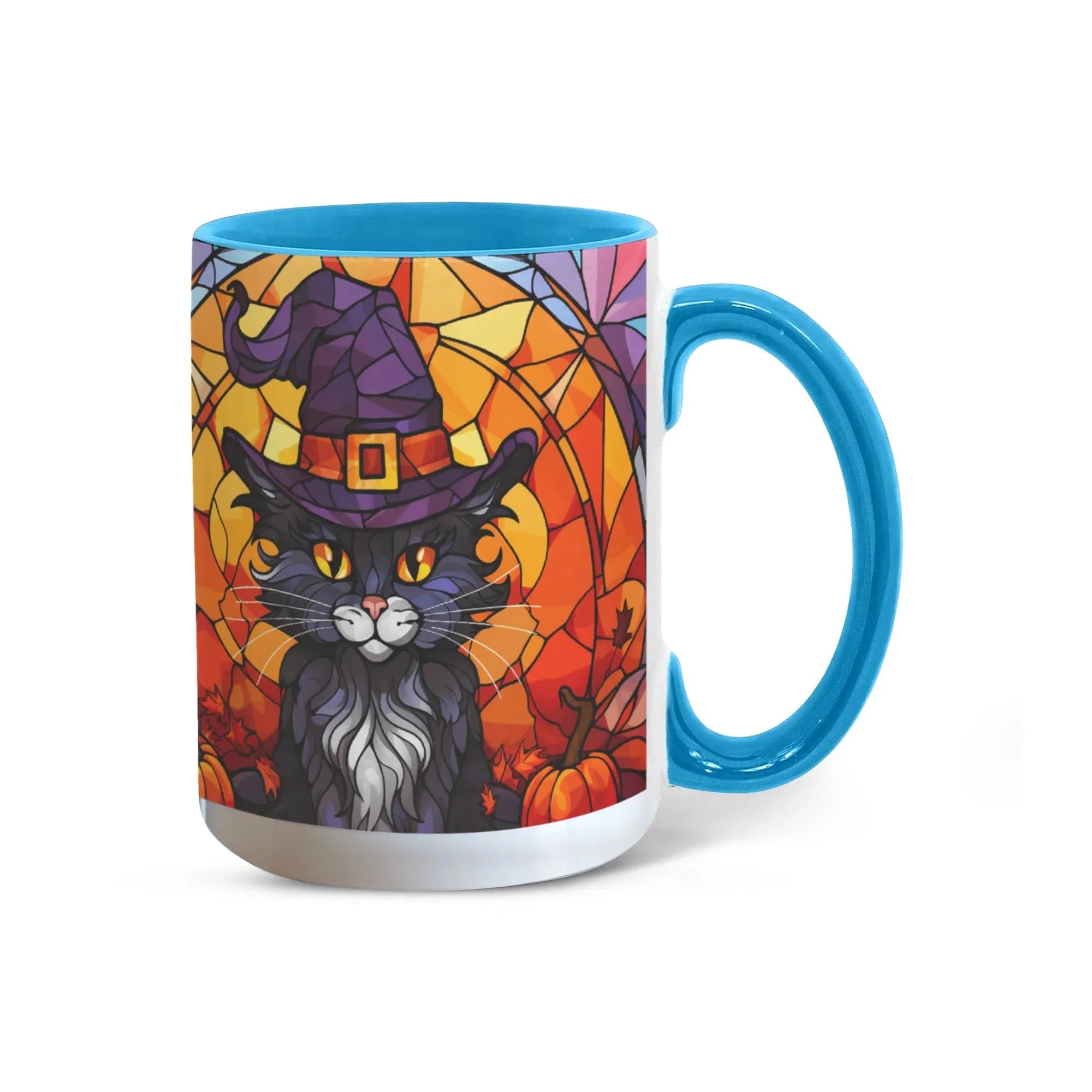 Halloween Black Cat Witch Stained Glass Ceramic Two-tone Mug – Spooky Fall Coffee Cup for Cat Lovers