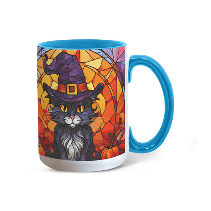 Halloween Black Cat Witch Stained Glass Ceramic Two-tone Mug – Spooky Fall Coffee Cup for Cat Lovers - Mallard Moon