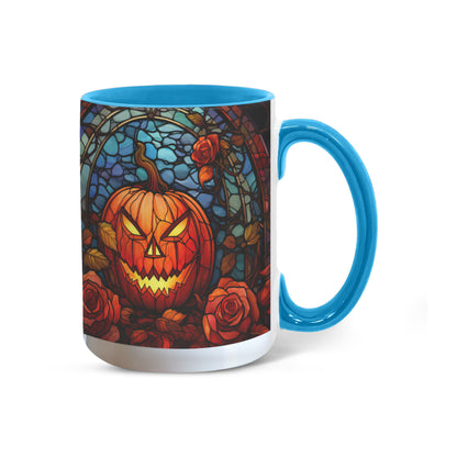 Stained Glass Pumpkin Halloween Ceramic Two Toned Accent Color Mug – Vibrant Jack-O'-Lantern Coffee Cup - Mallard Moon