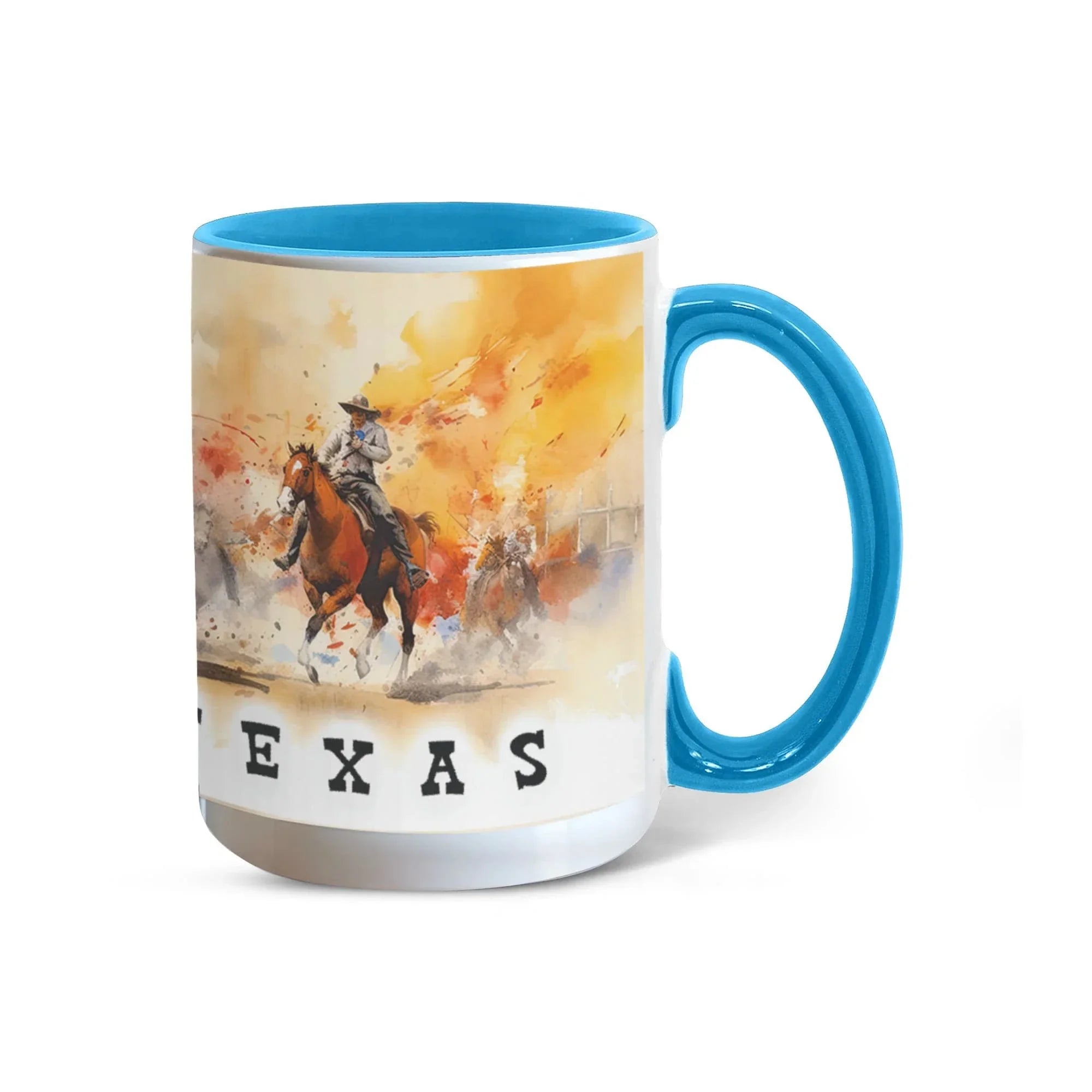 Texas Rodeo Cowboy Two-Tone Accent Mug – 11oz & 15oz – Western Cutting Horses Coffee Cup with Colored Interior & Handle