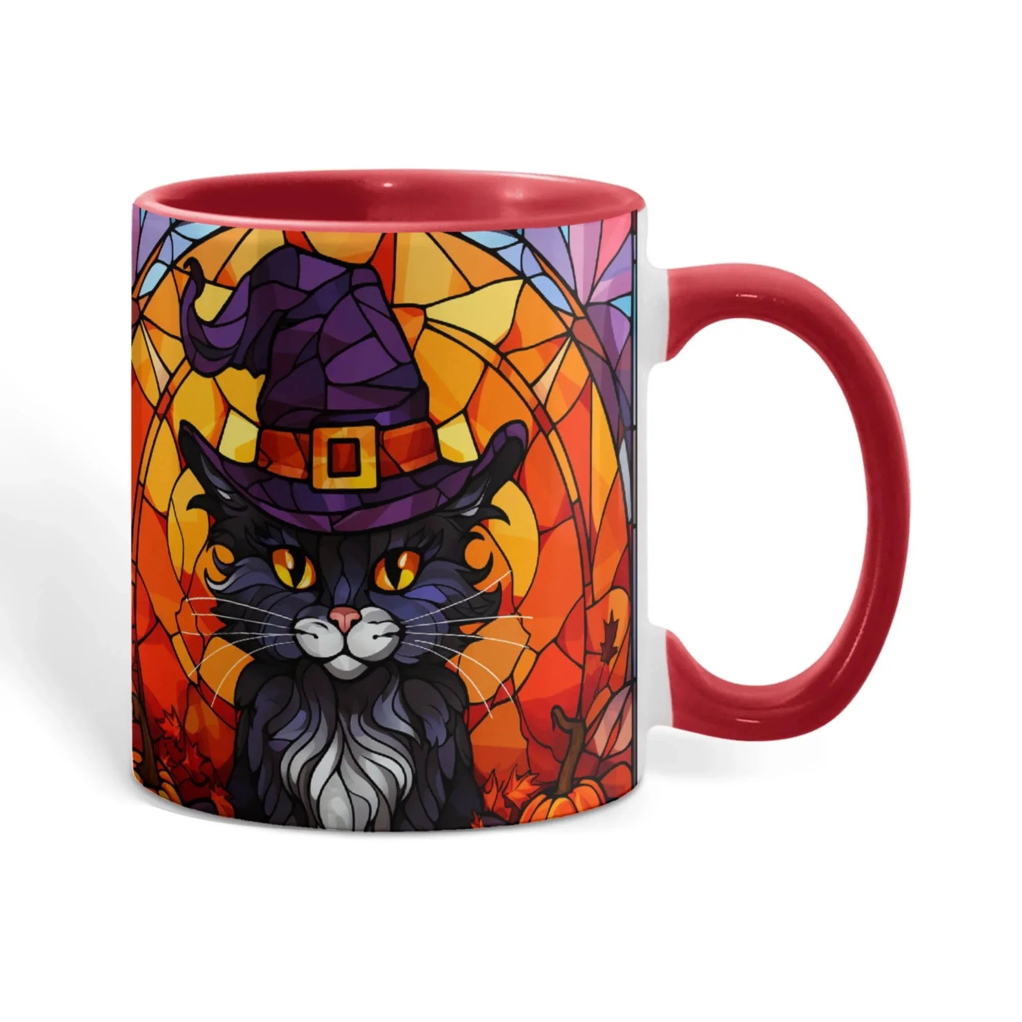 Halloween Black Cat Witch Stained Glass Ceramic Two-tone Mug – Spooky Fall Coffee Cup for Cat Lovers