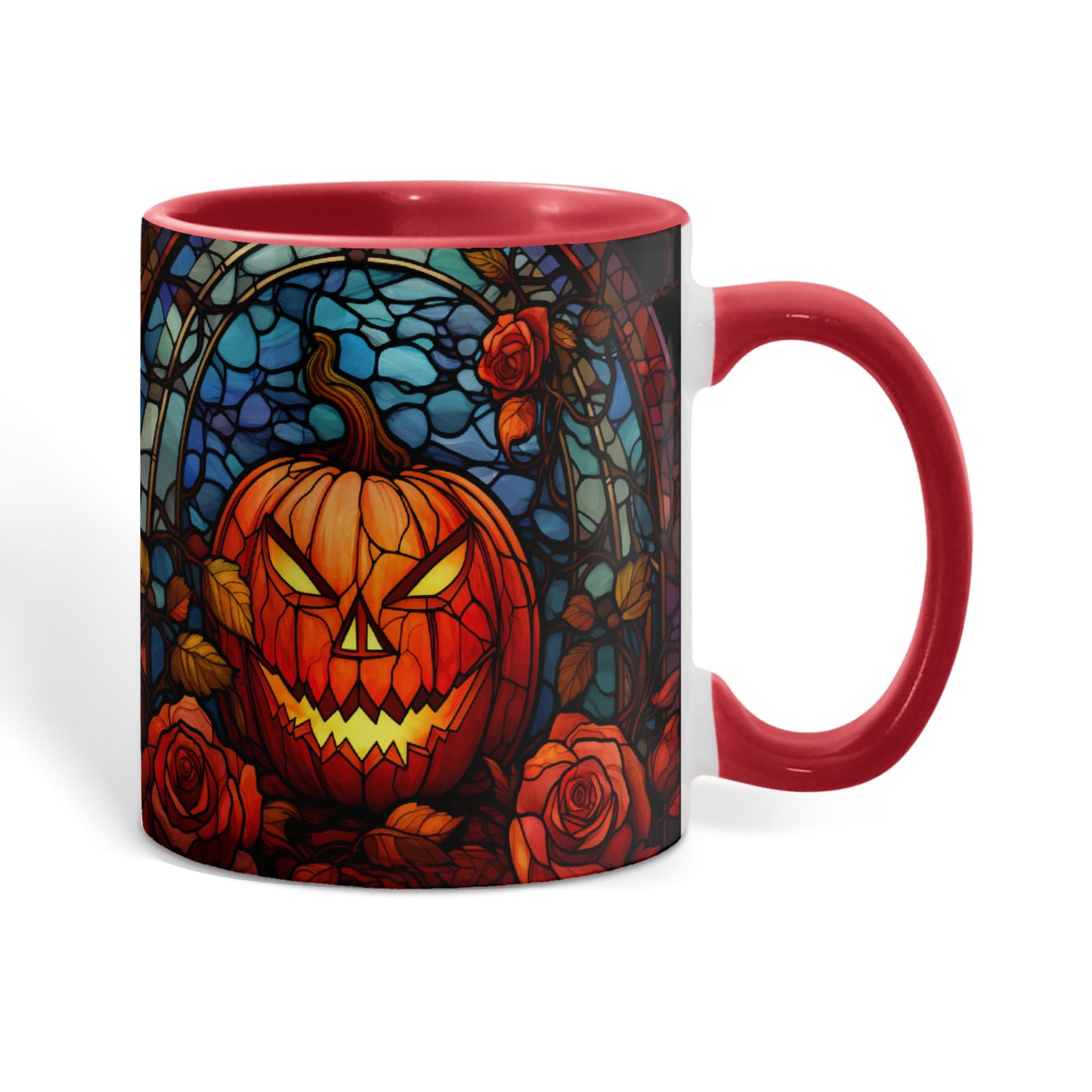 Stained Glass Pumpkin Halloween Ceramic Two Toned Accent Color Mug – Vibrant Jack-O'-Lantern Coffee Cup - Mallard Moon