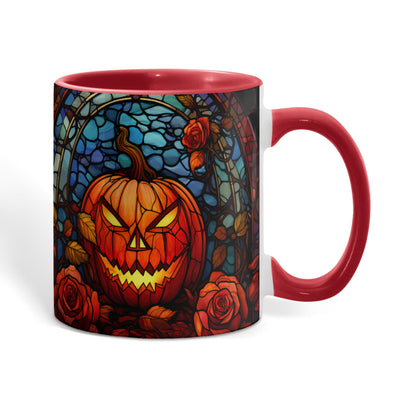 Stained Glass Pumpkin Halloween Ceramic Two Toned Accent Color Mug – Vibrant Jack-O'-Lantern Coffee Cup - Mallard Moon