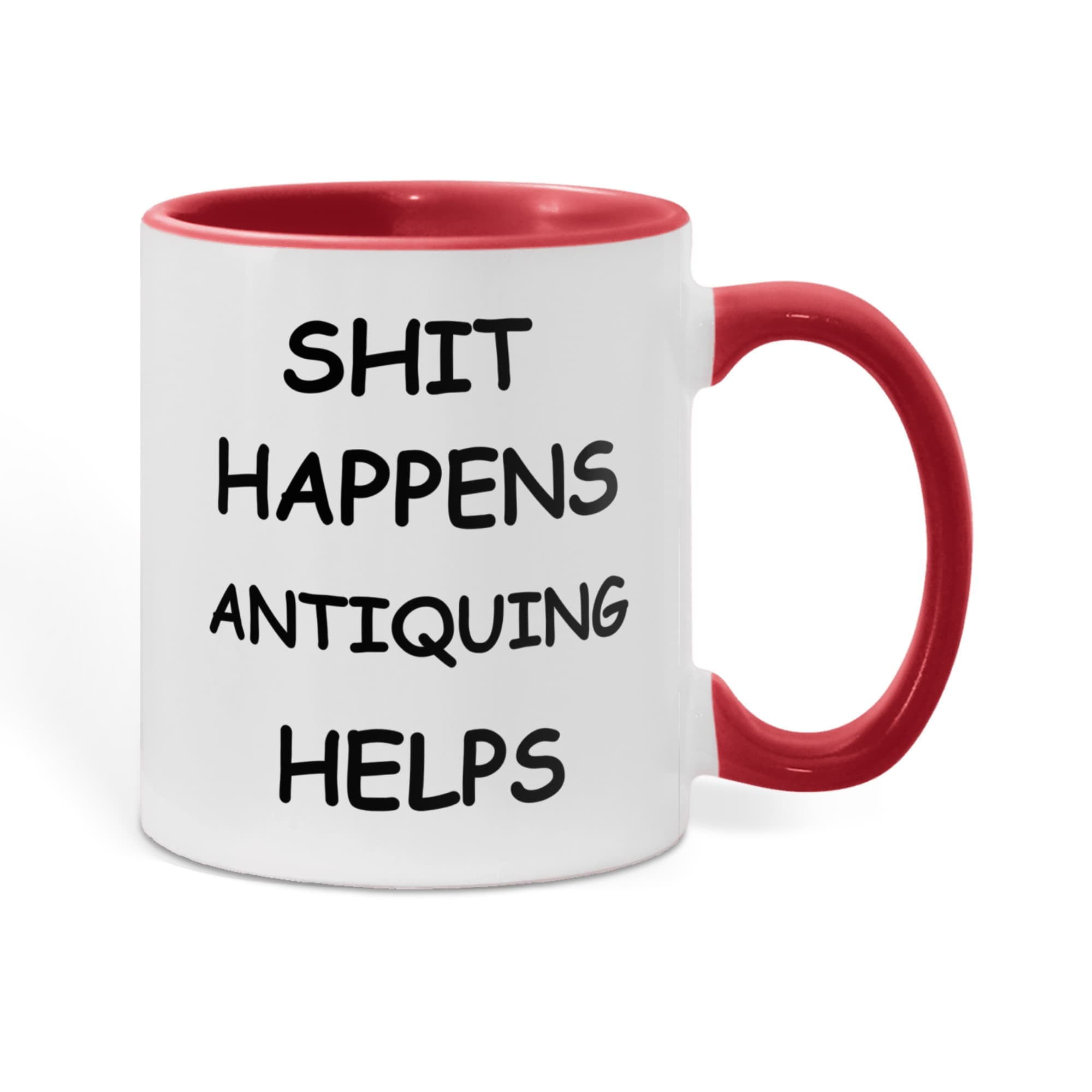 Shit Happens Antiquing Helps Funny Two-Tone Coffee Mug – Gift for Antique Lovers, Vintage Collectors & Flea Market Fans – Colored Accent Mug