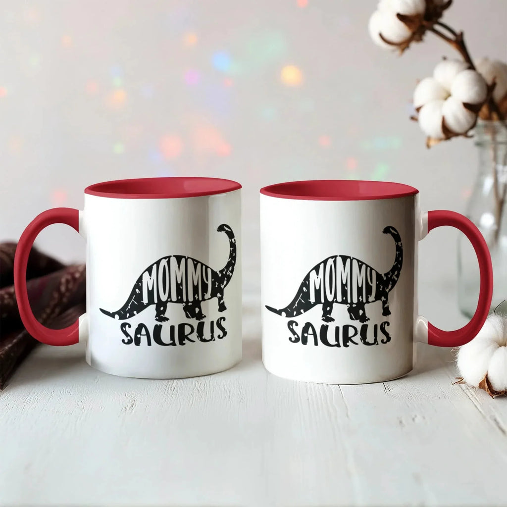 Mommy Saurus Dinosaur Mug – Funny Gift for Moms – Two Tone Color Accent Ceramic Coffee Mugs