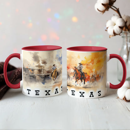 Texas Rodeo Cowboy Two-Tone Accent Mug – 11oz & 15oz – Western Cutting Horses Coffee Cup with Colored Interior & Handle - Mallard Moon Gift Shop