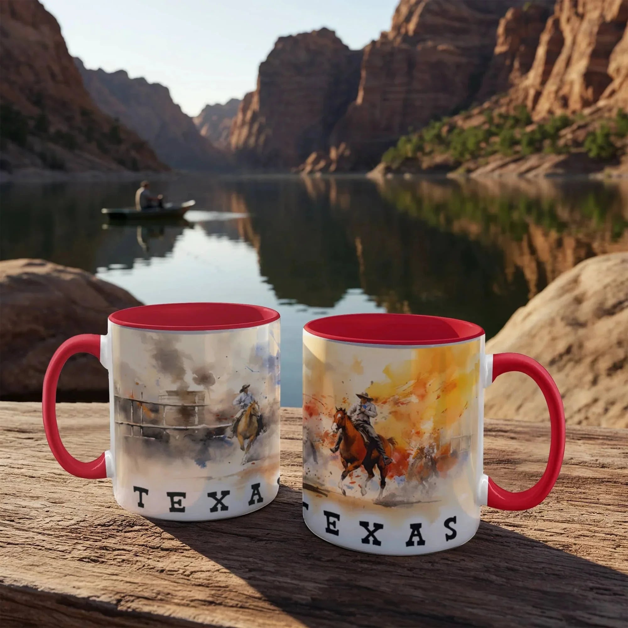Texas Rodeo Cowboy Two-Tone Accent Mug – 11oz & 15oz – Western Cutting Horses Coffee Cup with Colored Interior & Handle