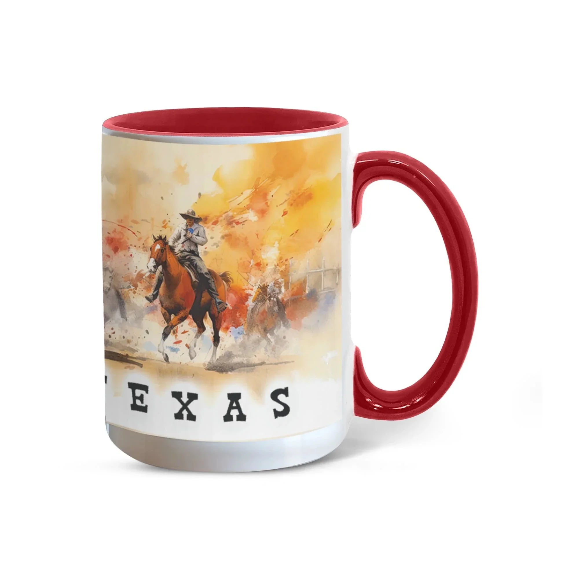 Texas Rodeo Cowboy Two-Tone Accent Mug – 11oz & 15oz – Western Cutting Horses Coffee Cup with Colored Interior & Handle
