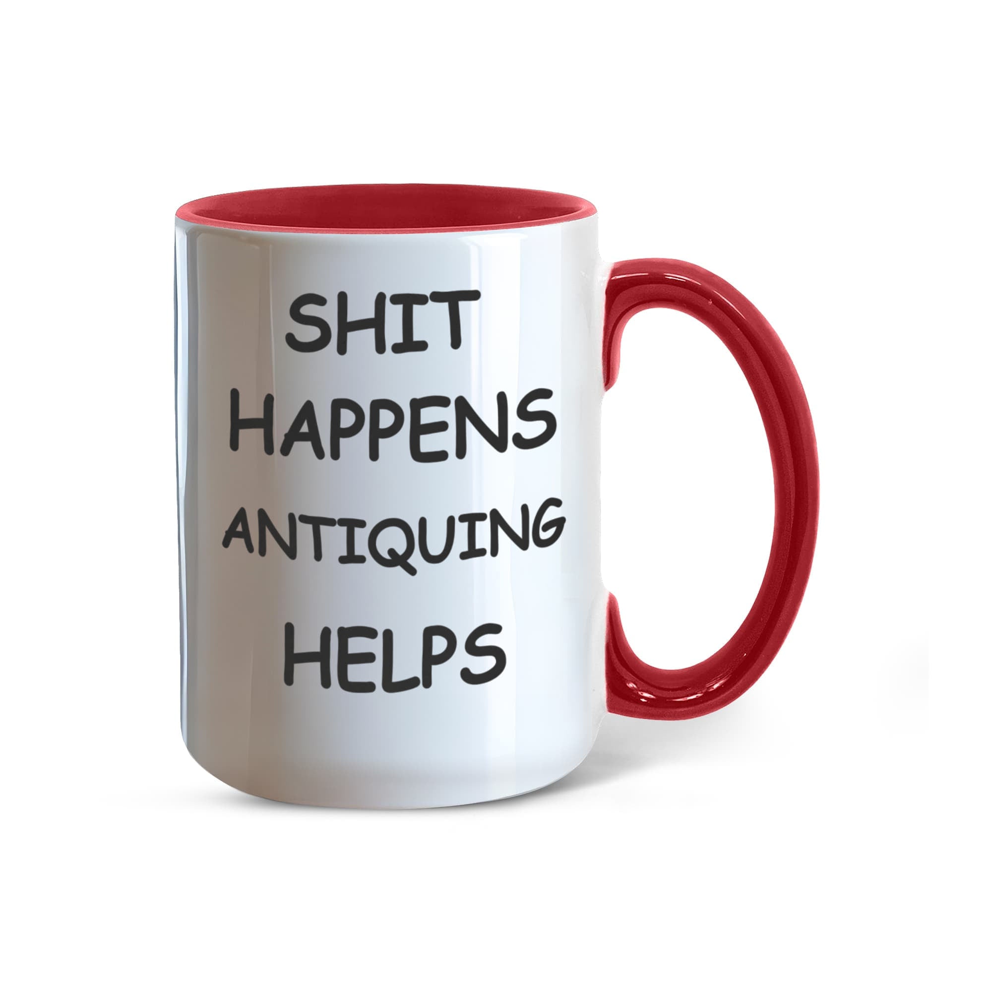 Shit Happens Antiquing Helps Funny Two-Tone Coffee Mug – Gift for Antique Lovers, Vintage Collectors & Flea Market Fans – Colored Accent Mug