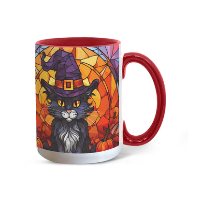 Halloween Black Cat Witch Stained Glass Ceramic Two-tone Mug – Spooky Fall Coffee Cup for Cat Lovers - Mallard Moon