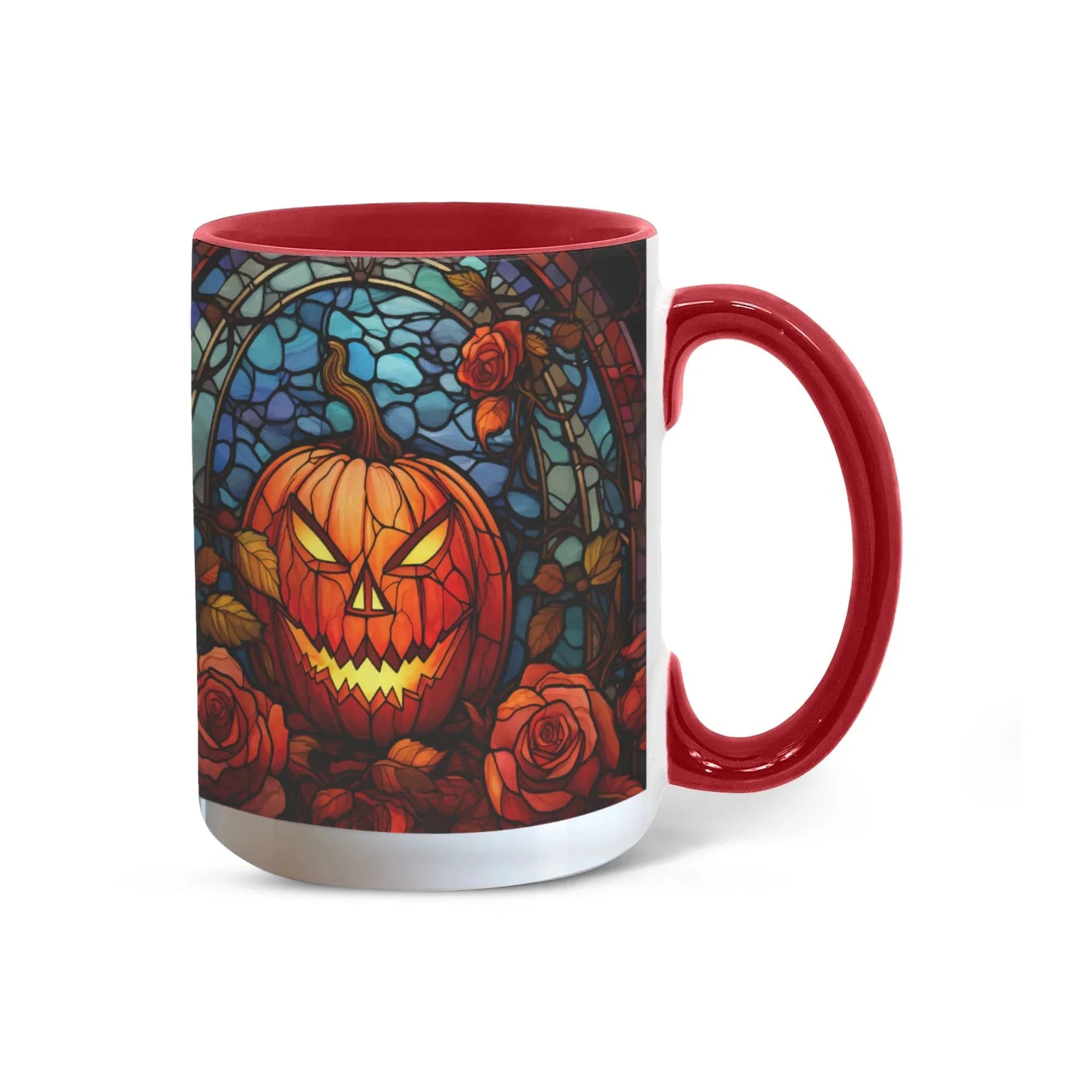 Stained Glass Pumpkin Halloween Ceramic Two Toned Accent Color Mug – Vibrant Jack-O'-Lantern Coffee Cup