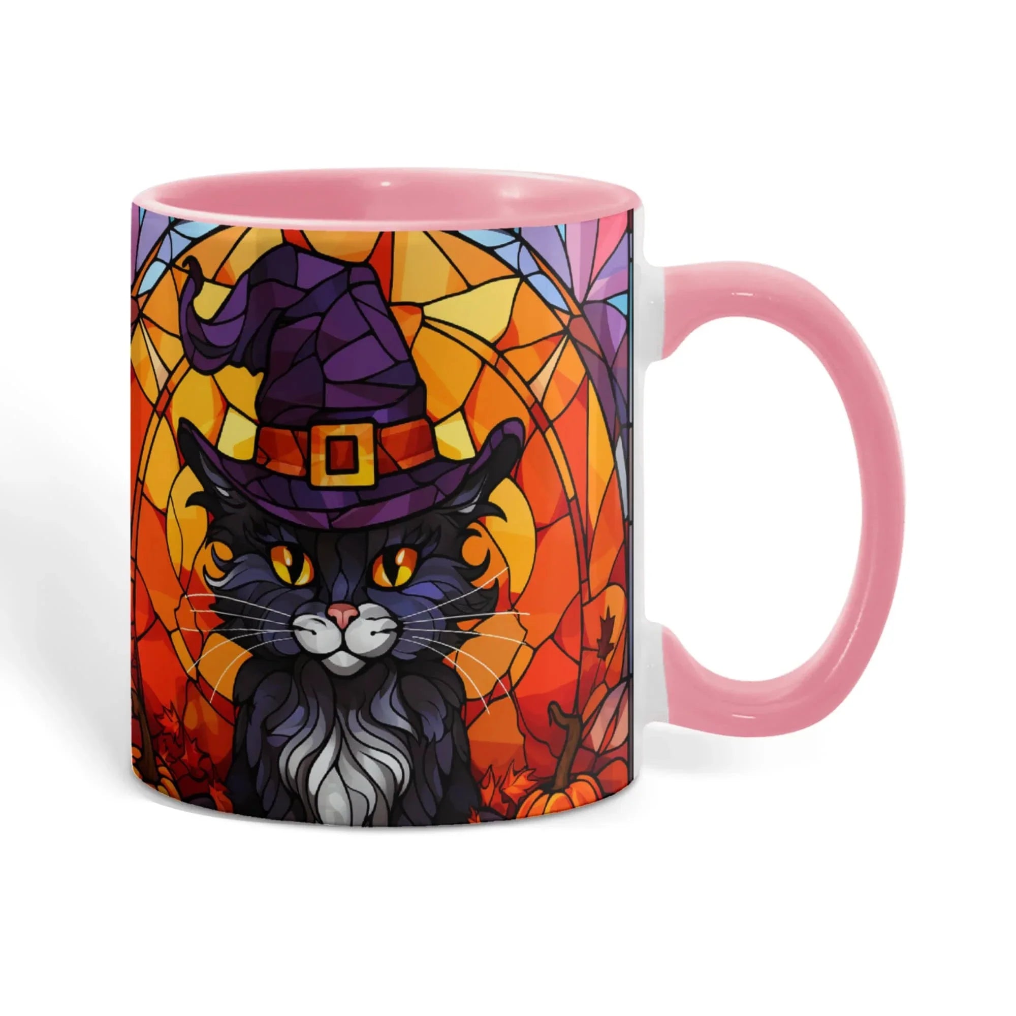 Halloween Black Cat Witch Stained Glass Ceramic Two-tone Mug – Spooky Fall Coffee Cup for Cat Lovers