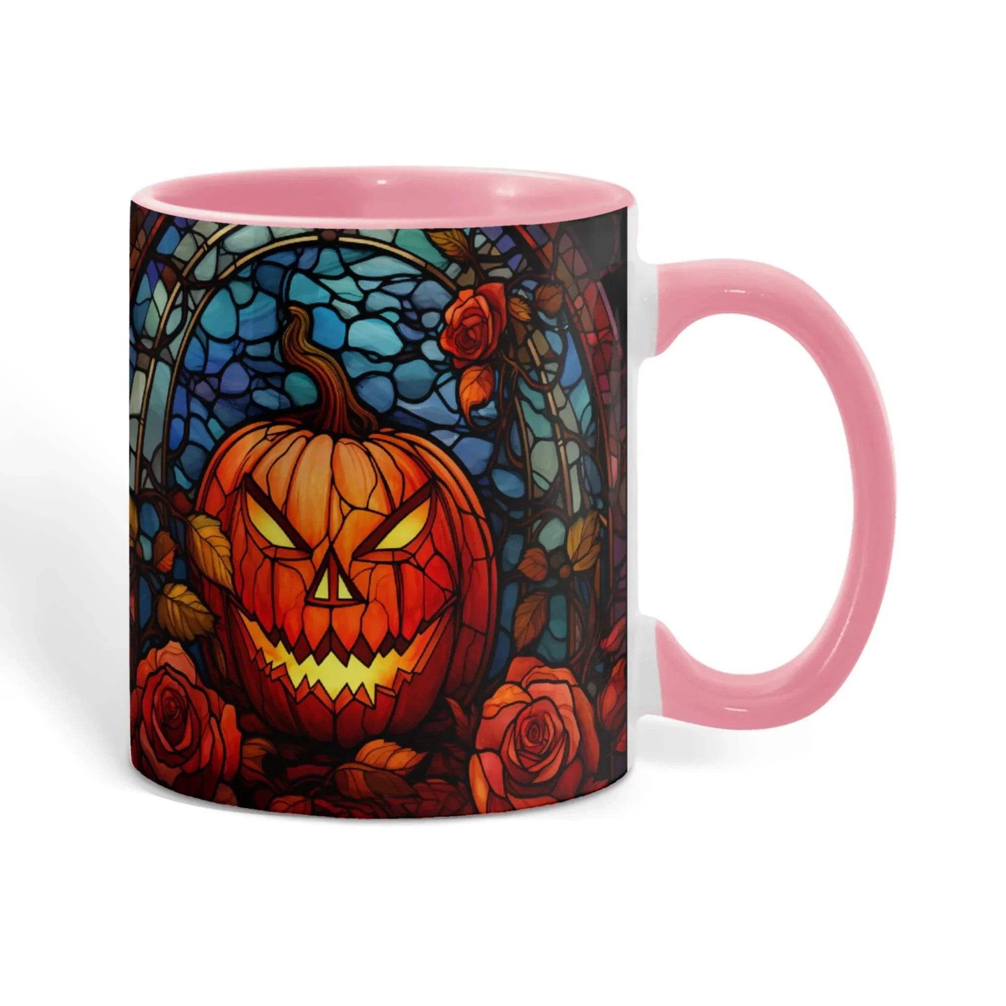 Stained Glass Pumpkin Halloween Ceramic Two Toned Accent Color Mug – Vibrant Jack-O'-Lantern Coffee Cup