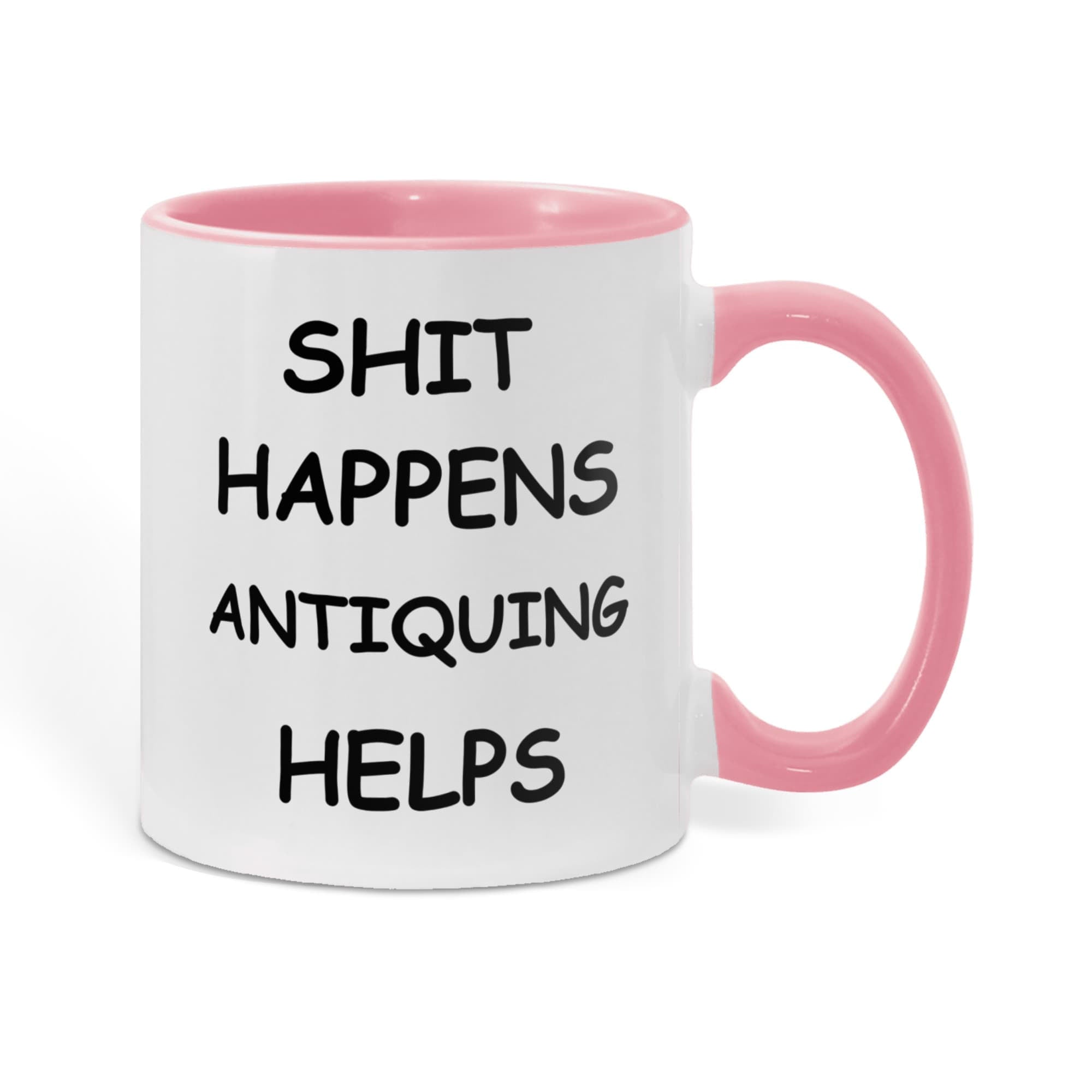 Shit Happens Antiquing Helps Funny Two-Tone Coffee Mug – Gift for Antique Lovers, Vintage Collectors & Flea Market Fans – Colored Accent Mug