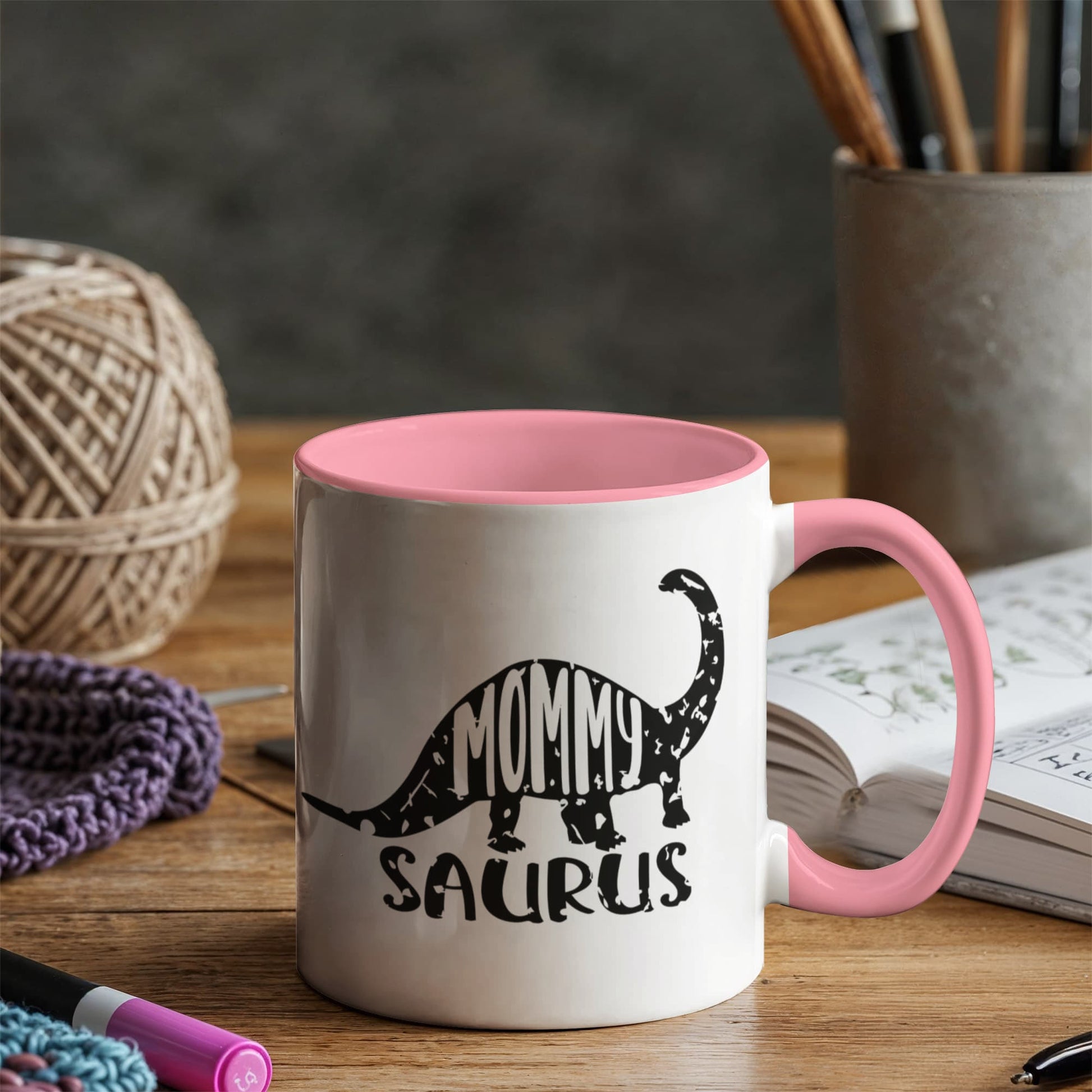 Mommy Saurus Dinosaur Mug – Funny Gift for Moms – Two Tone Color Accent Ceramic Coffee Mugs - Mallard Moon Gift Shop