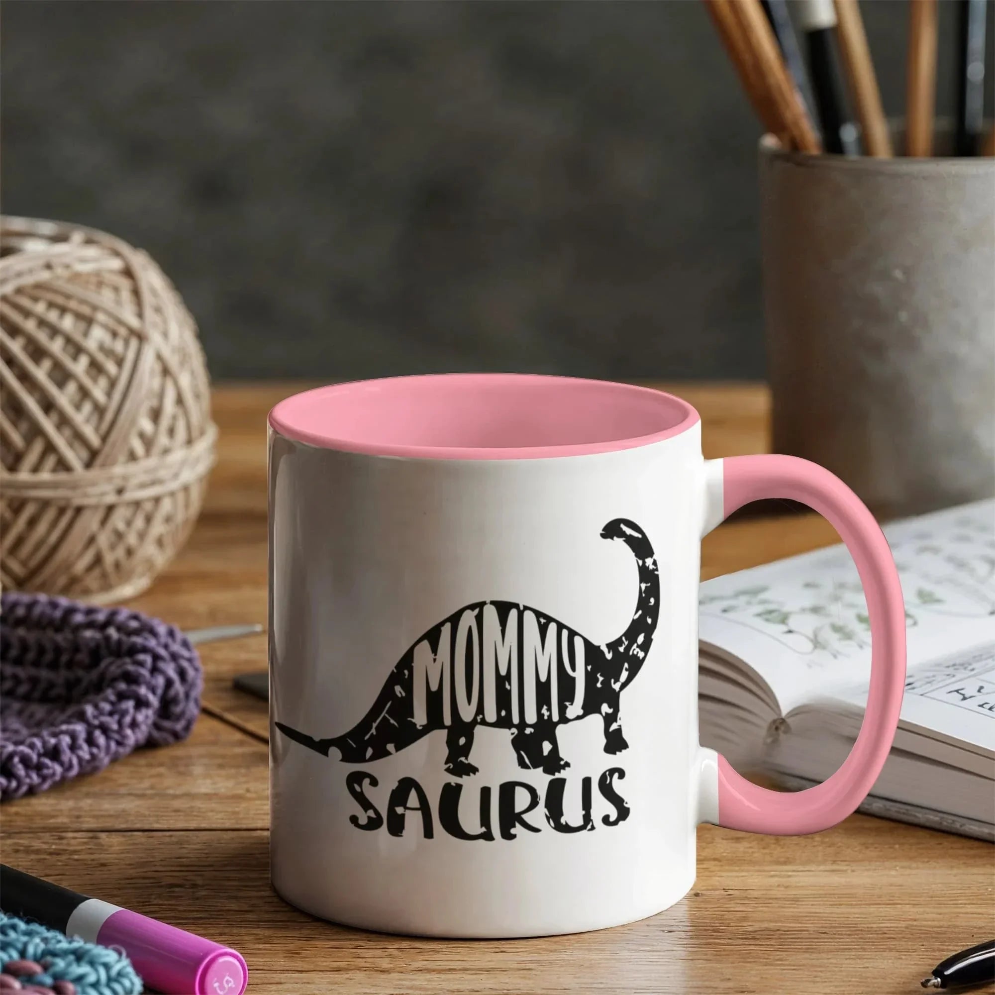 Mommy Saurus Dinosaur Mug – Funny Gift for Moms – Two Tone Color Accent Ceramic Coffee Mugs