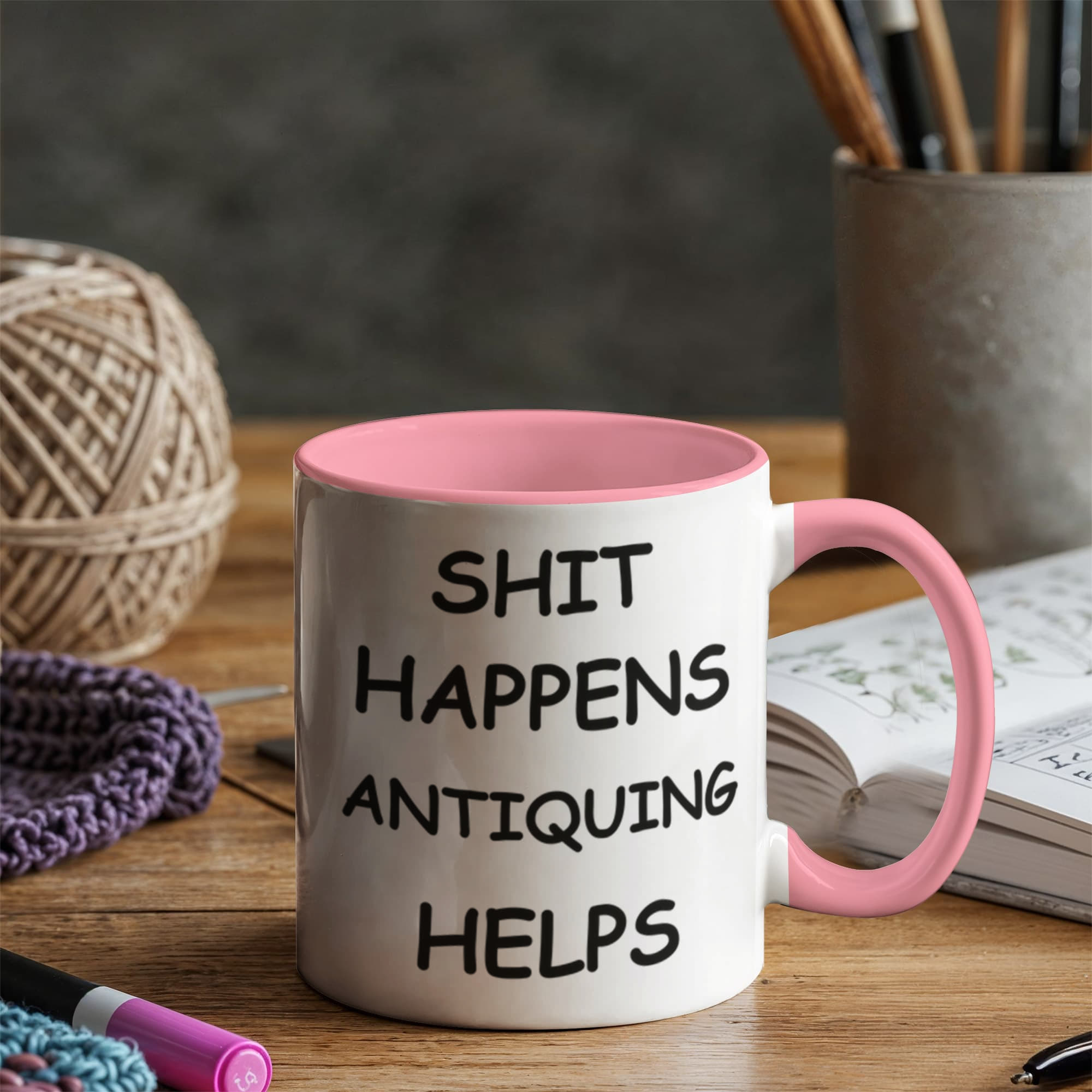 Shit Happens Antiquing Helps Funny Two-Tone Coffee Mug – Gift for Antique Lovers, Vintage Collectors & Flea Market Fans – Colored Accent Mug