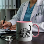 Mommy Saurus Dinosaur Mug – Funny Gift for Moms – Two Tone Color Accent Ceramic Coffee Mugs