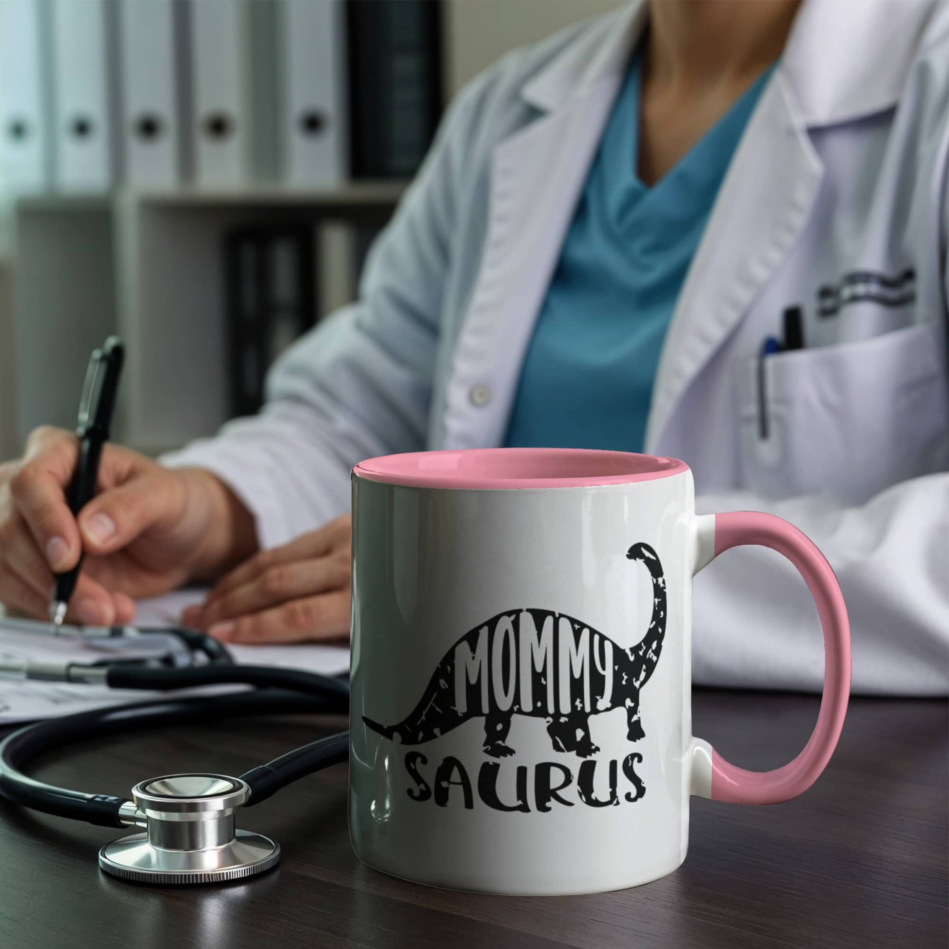 Mommy Saurus Dinosaur Mug – Funny Gift for Moms – Two Tone Color Accent Ceramic Coffee Mugs - Mallard Moon Gift Shop