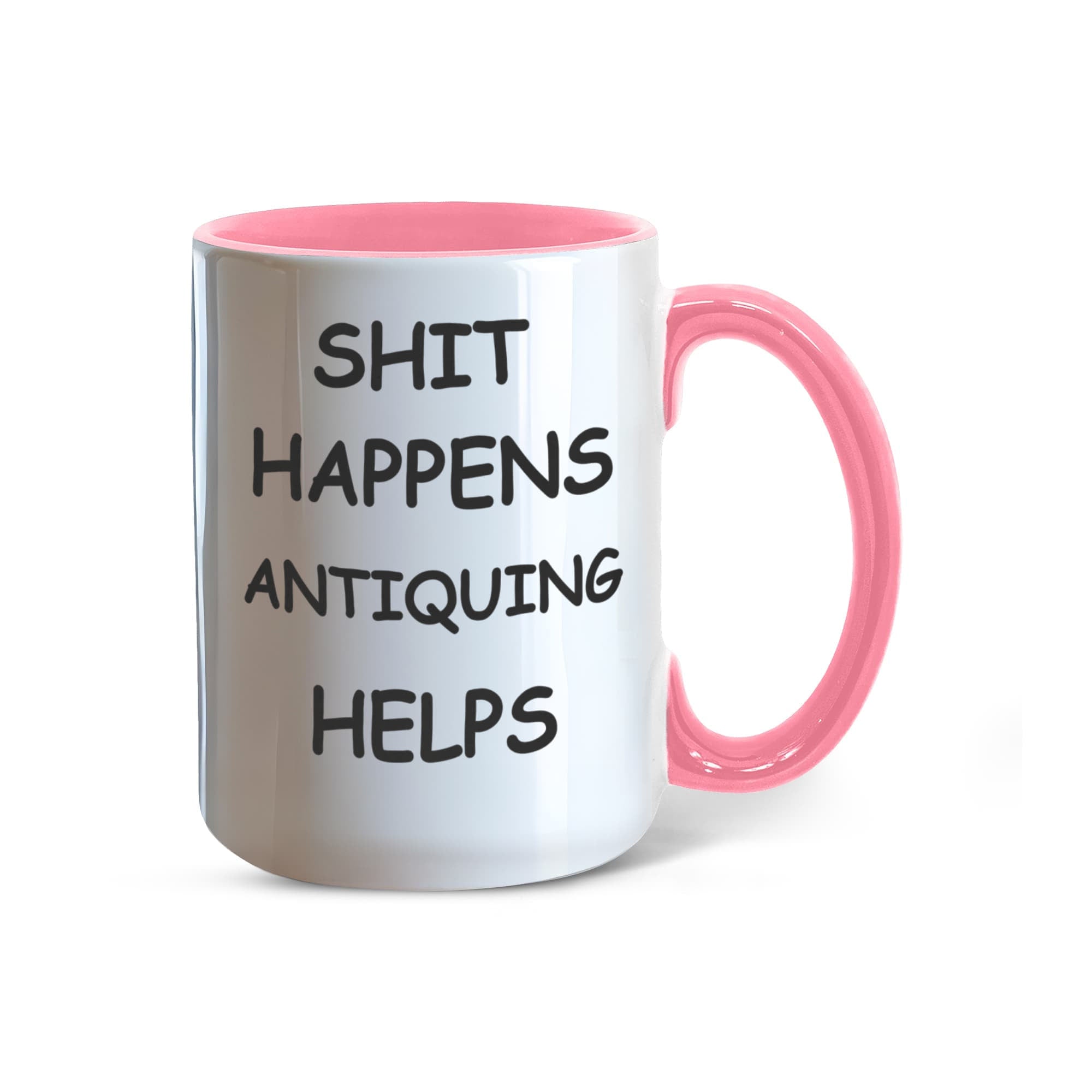 Shit Happens Antiquing Helps Funny Two-Tone Coffee Mug – Gift for Antique Lovers, Vintage Collectors & Flea Market Fans – Colored Accent Mug