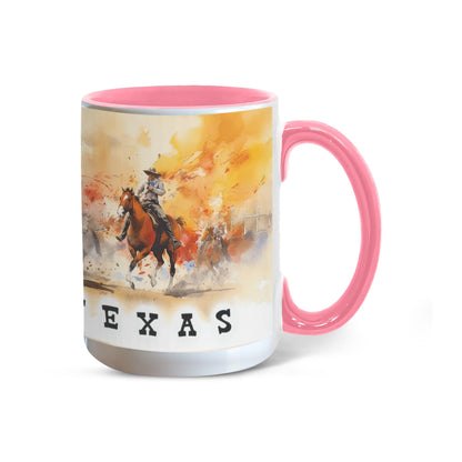 Texas Rodeo Cowboy Two-Tone Accent Mug – 11oz & 15oz – Western Cutting Horses Coffee Cup with Colored Interior & Handle - Mallard Moon Gift Shop