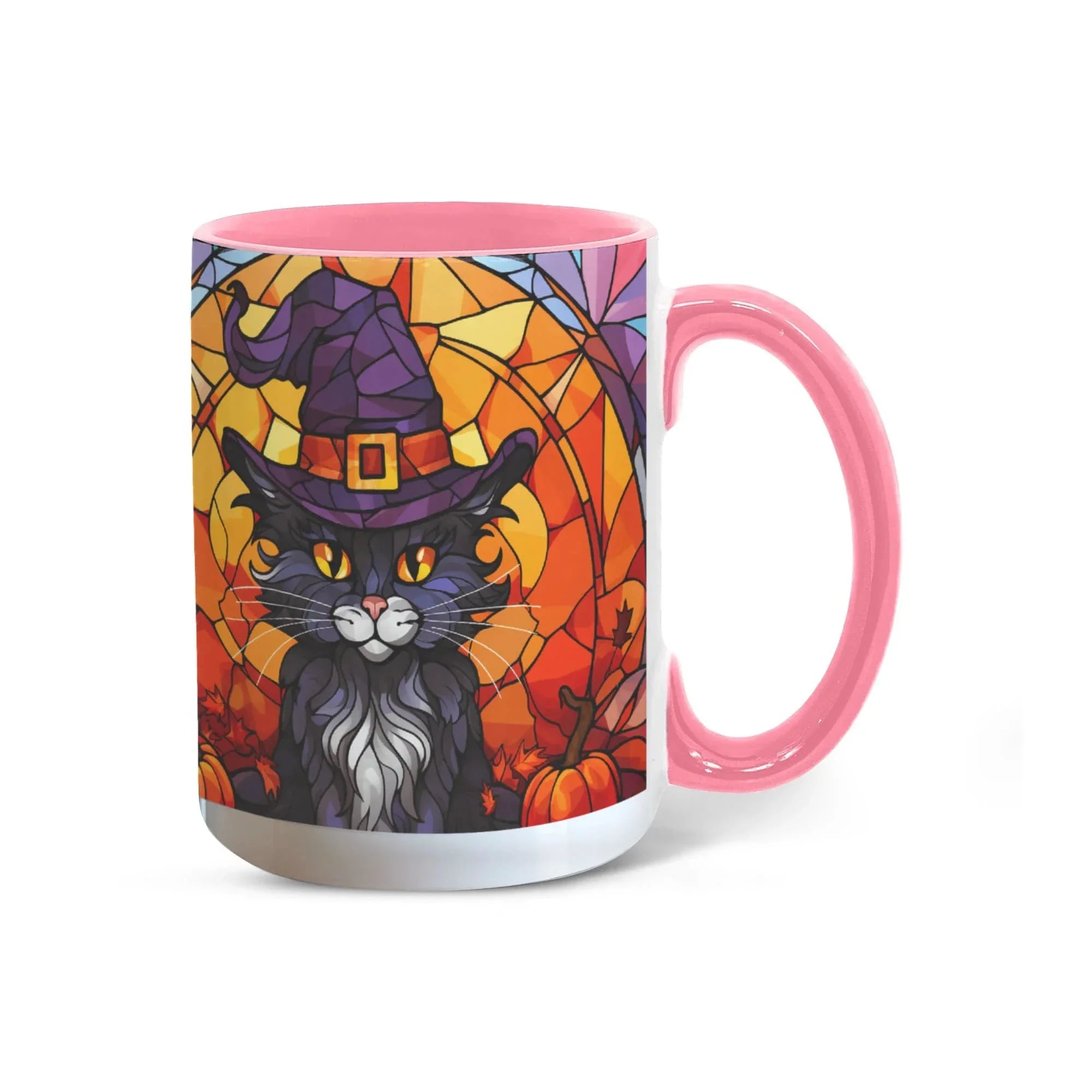 Halloween Black Cat Witch Stained Glass Ceramic Two-tone Mug – Spooky Fall Coffee Cup for Cat Lovers