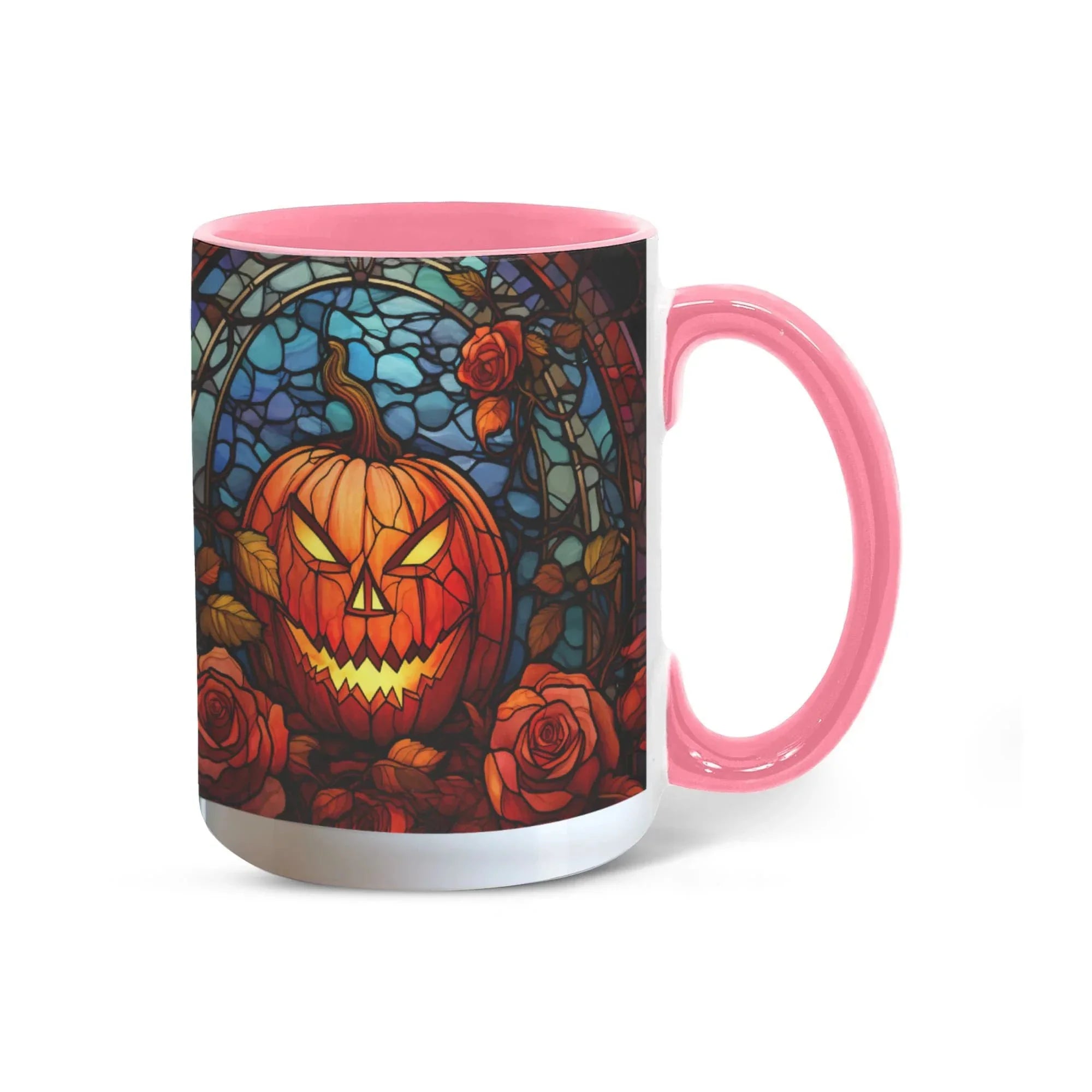Stained Glass Pumpkin Halloween Ceramic Two Toned Accent Color Mug – Vibrant Jack-O'-Lantern Coffee Cup