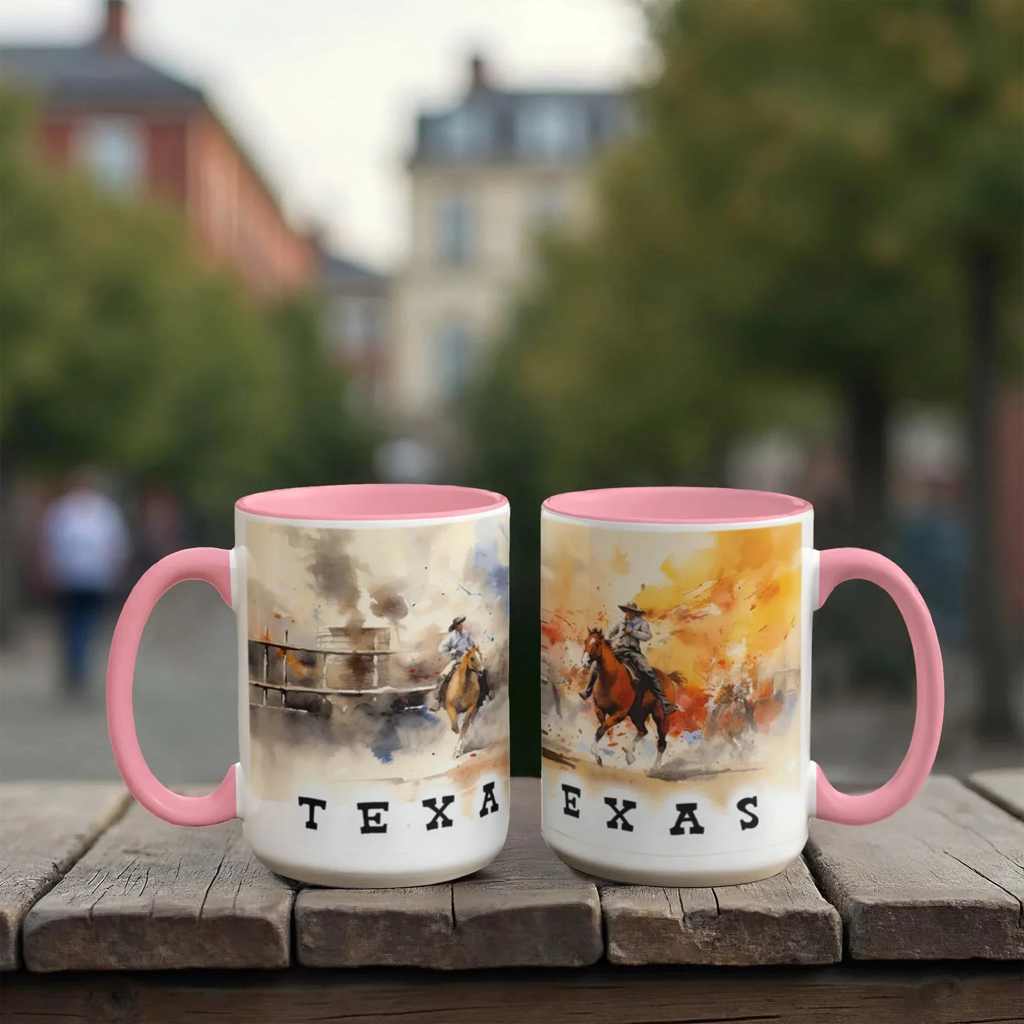 Texas Rodeo Cowboy Two-Tone Accent Mug – 11oz & 15oz – Western Cutting Horses Coffee Cup with Colored Interior & Handle