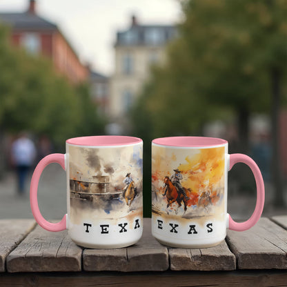 Texas Rodeo Cowboy Two-Tone Accent Mug – 11oz & 15oz – Western Cutting Horses Coffee Cup with Colored Interior & Handle - Mallard Moon Gift Shop