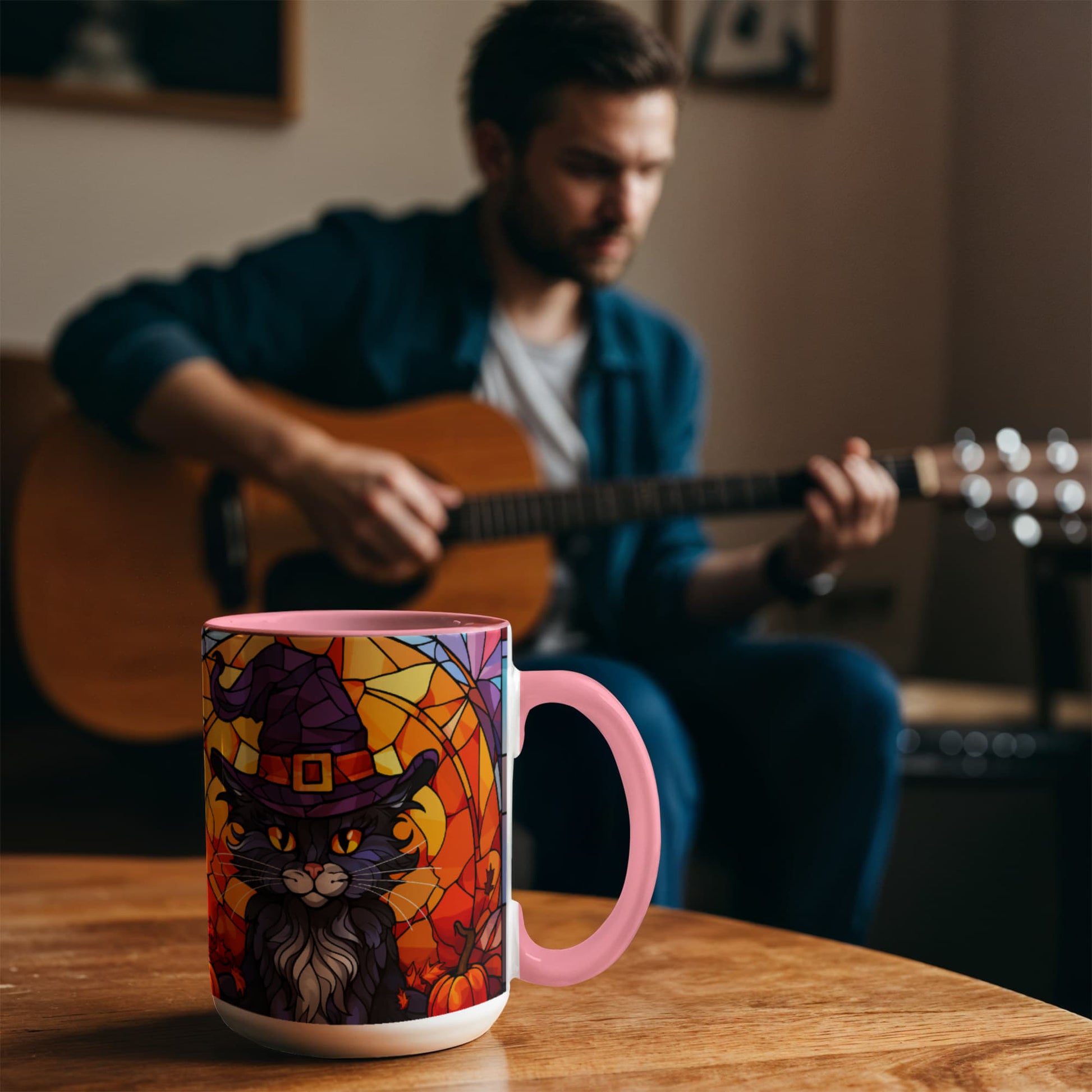 Halloween Black Cat Witch Stained Glass Ceramic Two-tone Mug – Spooky Fall Coffee Cup for Cat Lovers - Mallard Moon