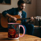 Stained Glass Pumpkin Halloween Ceramic Two Toned Accent Color Mug – Vibrant Jack-O'-Lantern Coffee Cup
