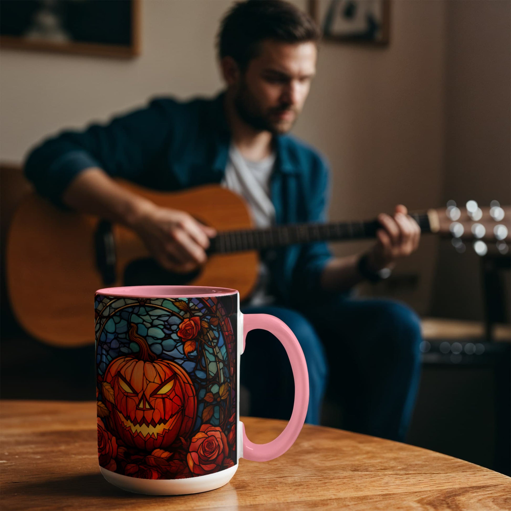 Stained Glass Pumpkin Halloween Ceramic Two Toned Accent Color Mug – Vibrant Jack-O'-Lantern Coffee Cup - Mallard Moon