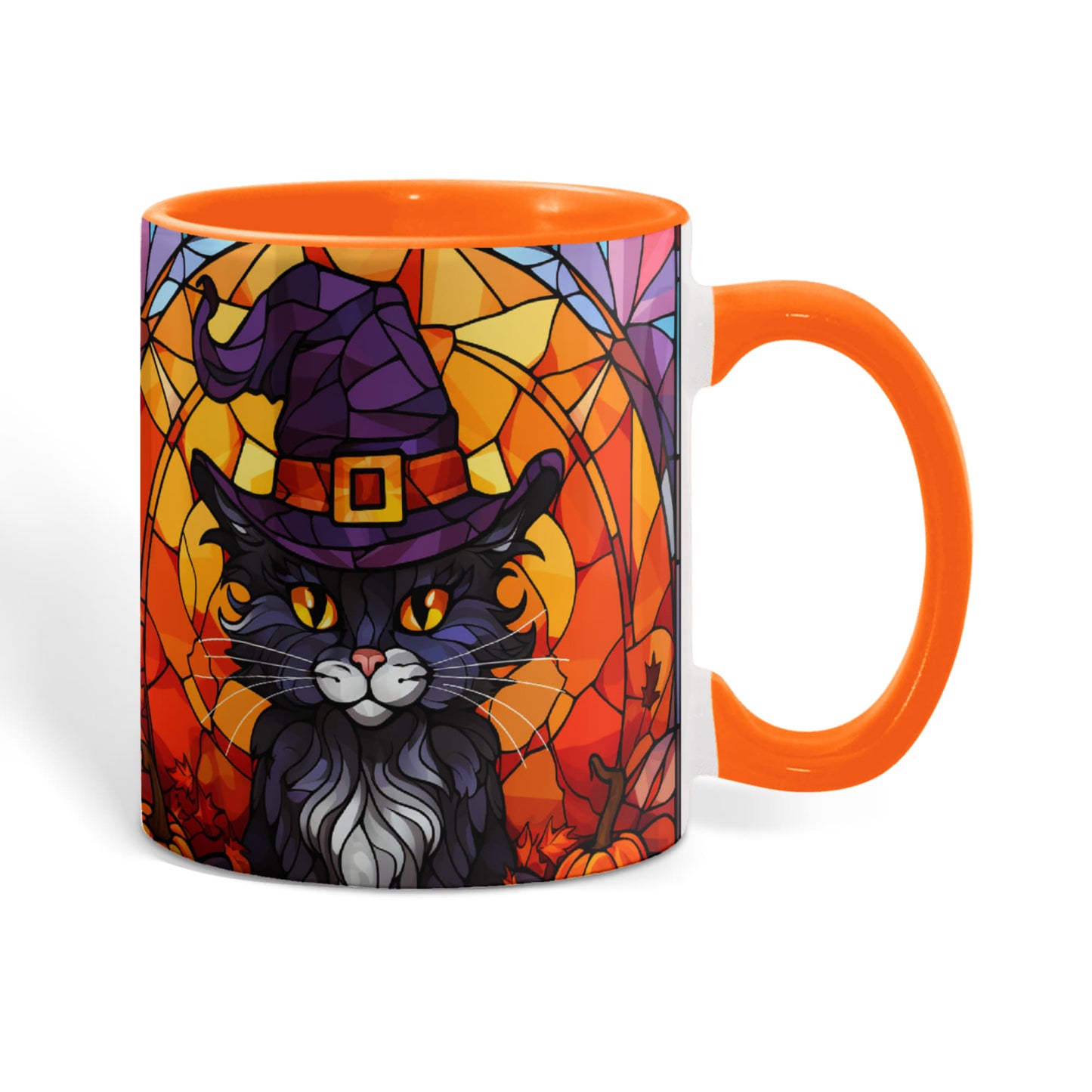 Halloween Black Cat Witch Stained Glass Ceramic Two-tone Mug – Spooky Fall Coffee Cup for Cat Lovers - Mallard Moon