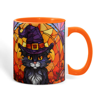 Halloween Black Cat Witch Stained Glass Ceramic Two-tone Mug – Spooky Fall Coffee Cup for Cat Lovers - Mallard Moon
