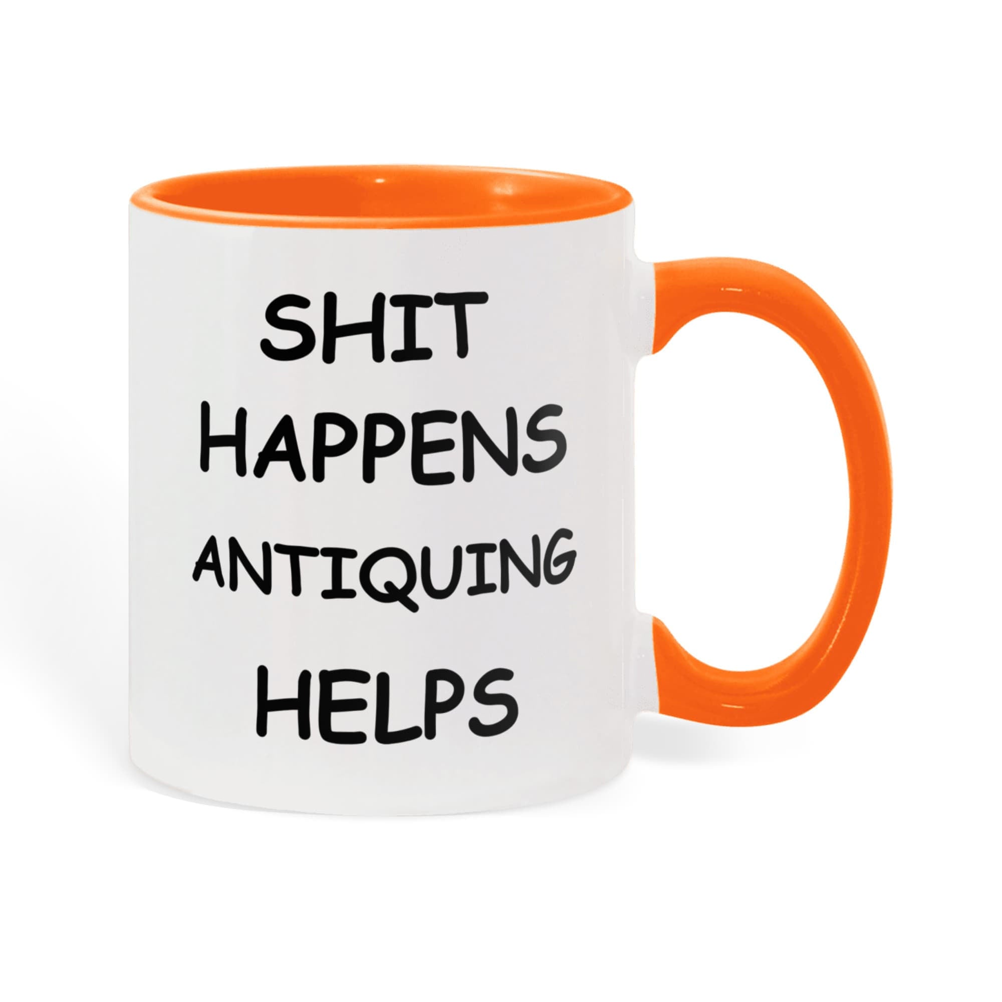 Shit Happens Antiquing Helps Funny Two-Tone Coffee Mug – Gift for Antique Lovers, Vintage Collectors & Flea Market Fans – Colored Accent Mug