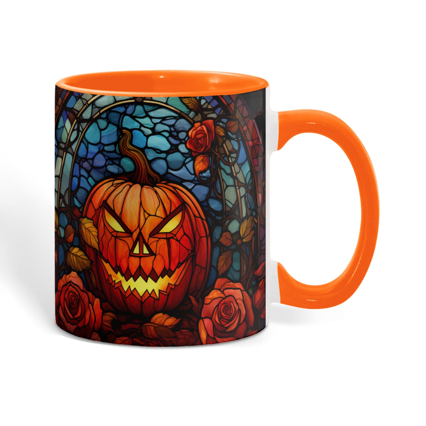 Stained Glass Pumpkin Halloween Ceramic Two Toned Accent Color Mug – Vibrant Jack-O'-Lantern Coffee Cup - Mallard Moon